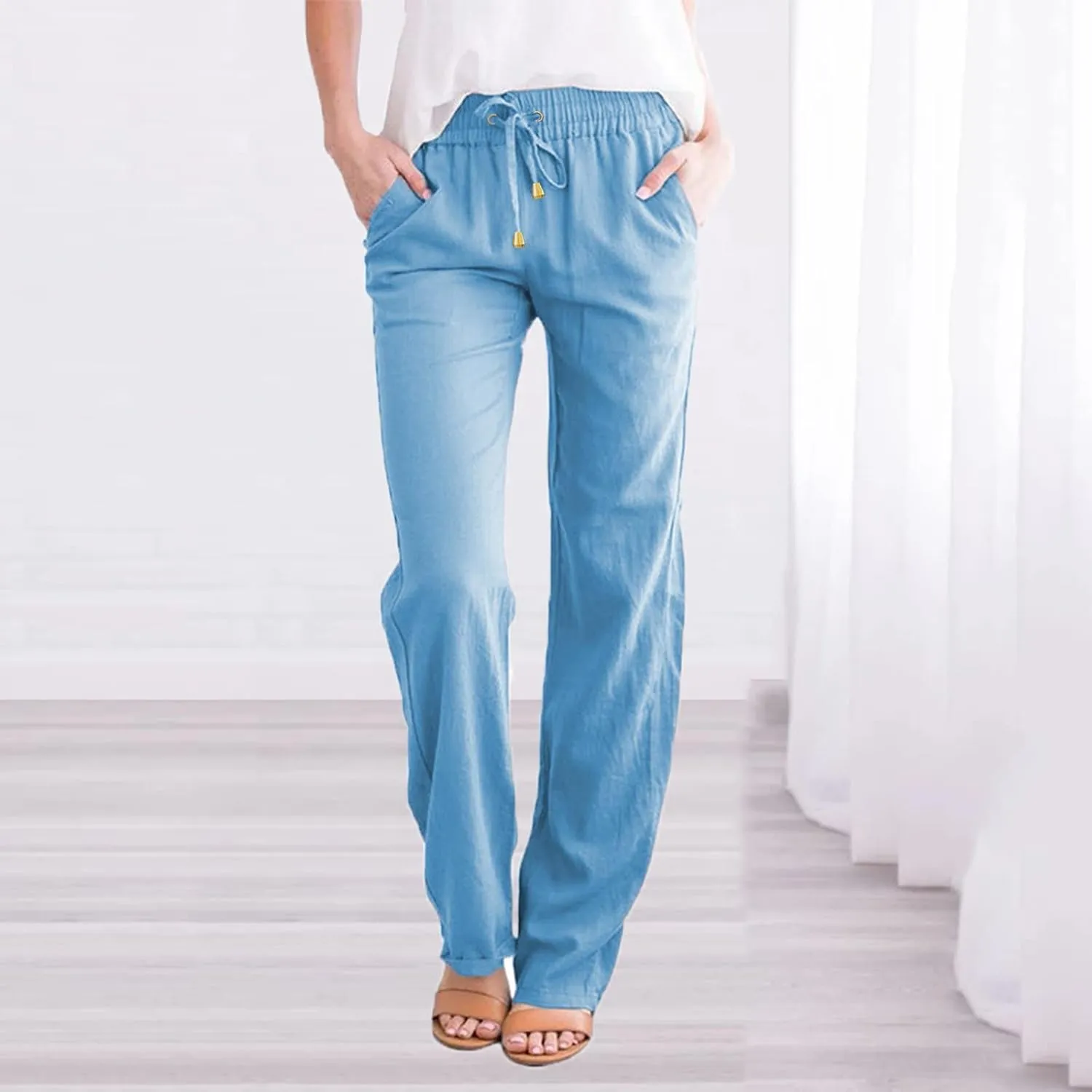 Womens Casual Elastic Waist Drawstring Pants Loose Fit Straight Wide Leg Cotton Trousers with Pockets