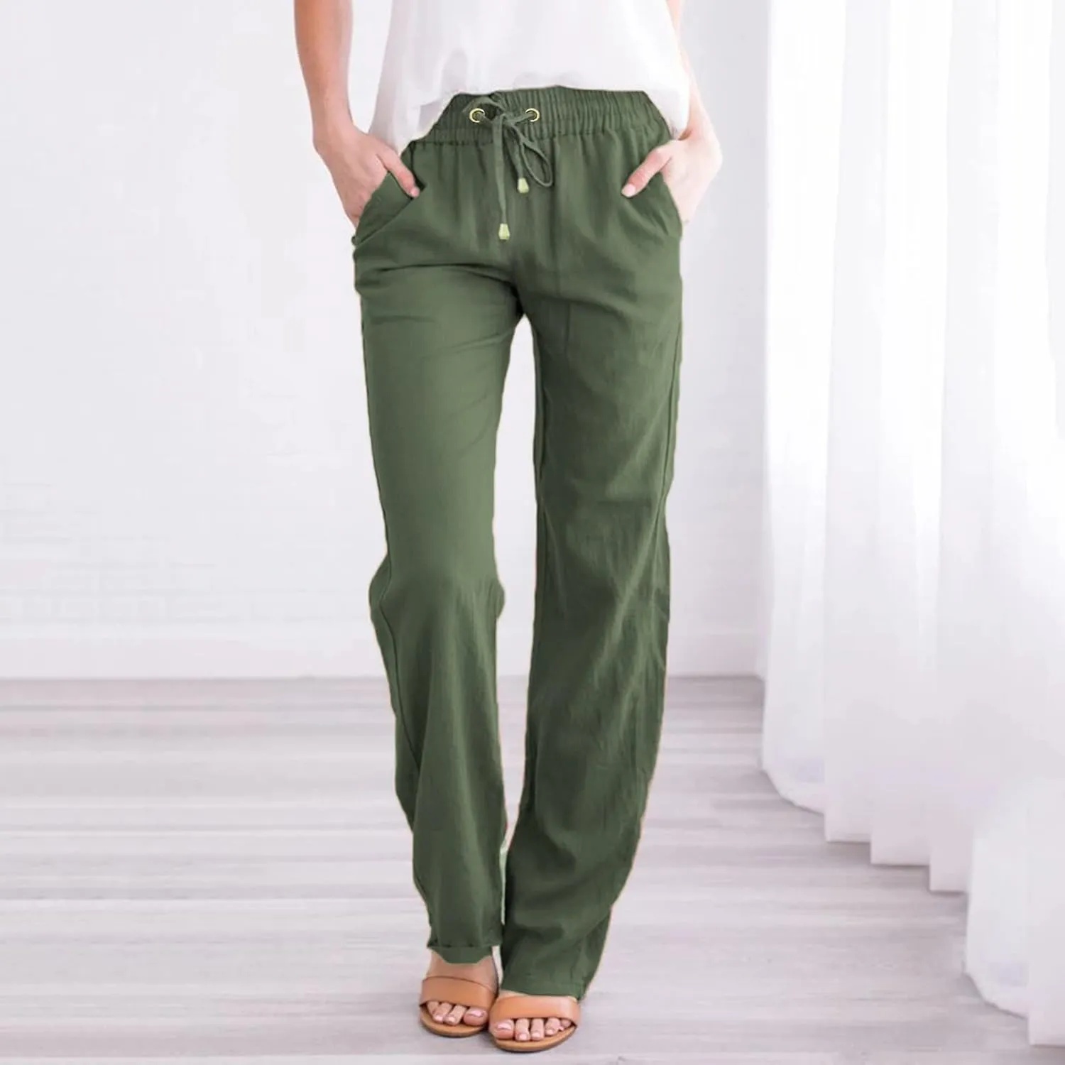 Womens Casual Elastic Waist Drawstring Pants Loose Fit Straight Wide Leg Cotton Trousers with Pockets