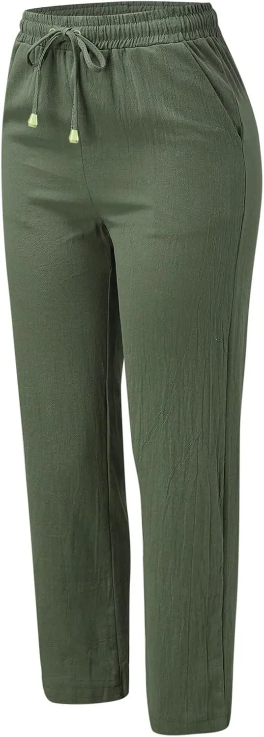 Womens Casual Elastic Waist Drawstring Pants Loose Fit Straight Wide Leg Cotton Trousers with Pockets