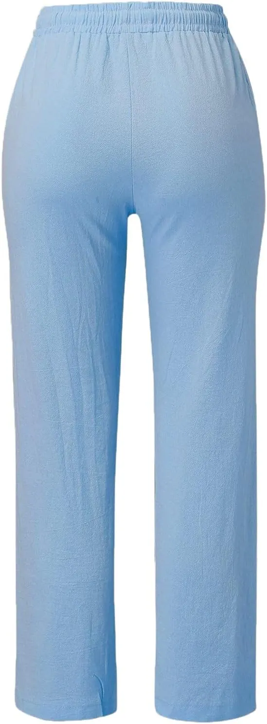 Womens Casual Elastic Waist Drawstring Pants Loose Fit Straight Wide Leg Cotton Trousers with Pockets