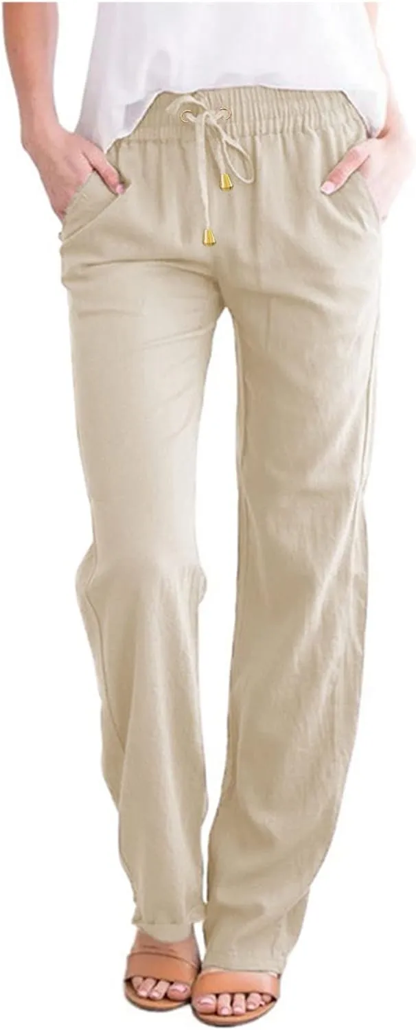Womens Casual Elastic Waist Drawstring Pants Loose Fit Straight Wide Leg Cotton Trousers with Pockets