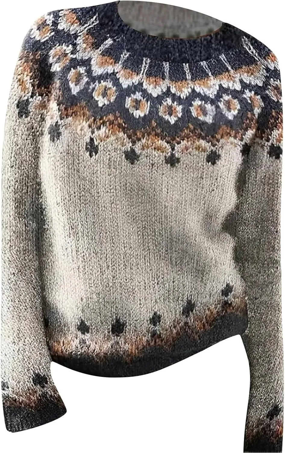 Womens Casual Fair Isle Print Knitted Pullover Women's Knitted Isle Print Retro Sweater Casual Loose Crewneck Long
