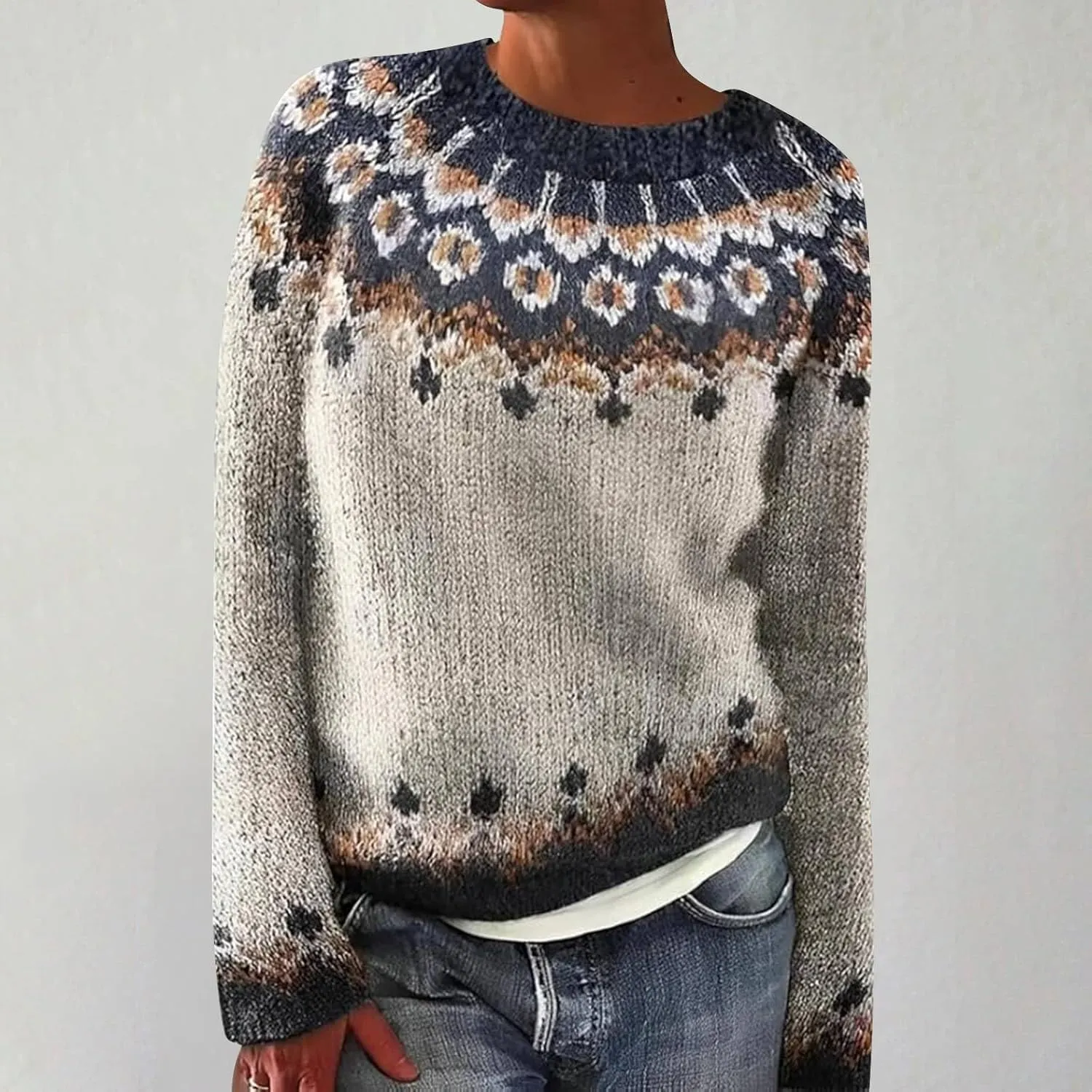 Womens Casual Fair Isle Print Knitted Pullover Women's Knitted Isle Print Retro Sweater Casual Loose Crewneck Long