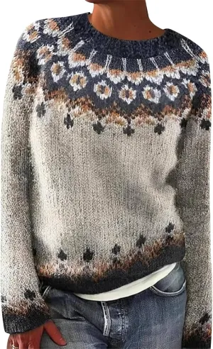 Womens Casual Fair Isle Print Knitted Pullover Women's Knitted Isle Print Retro Sweater Casual Loose Crewneck Long
