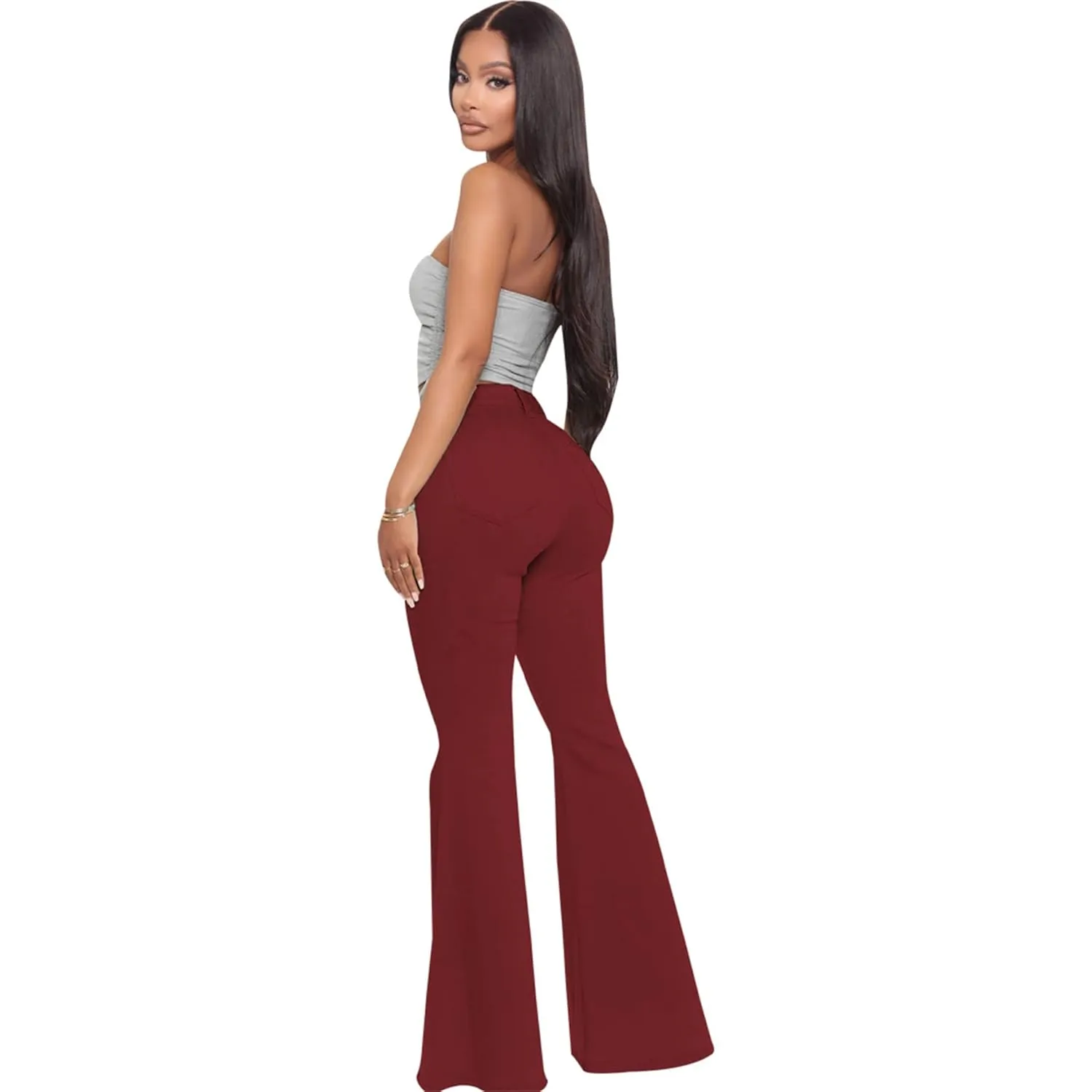 Women's Casual High Waisted Flare Leg Jeans Raw Hem Bell Bottom Denim Pants Classic Stretch Wide Leg Flared Jeans (Medium,Claret)
