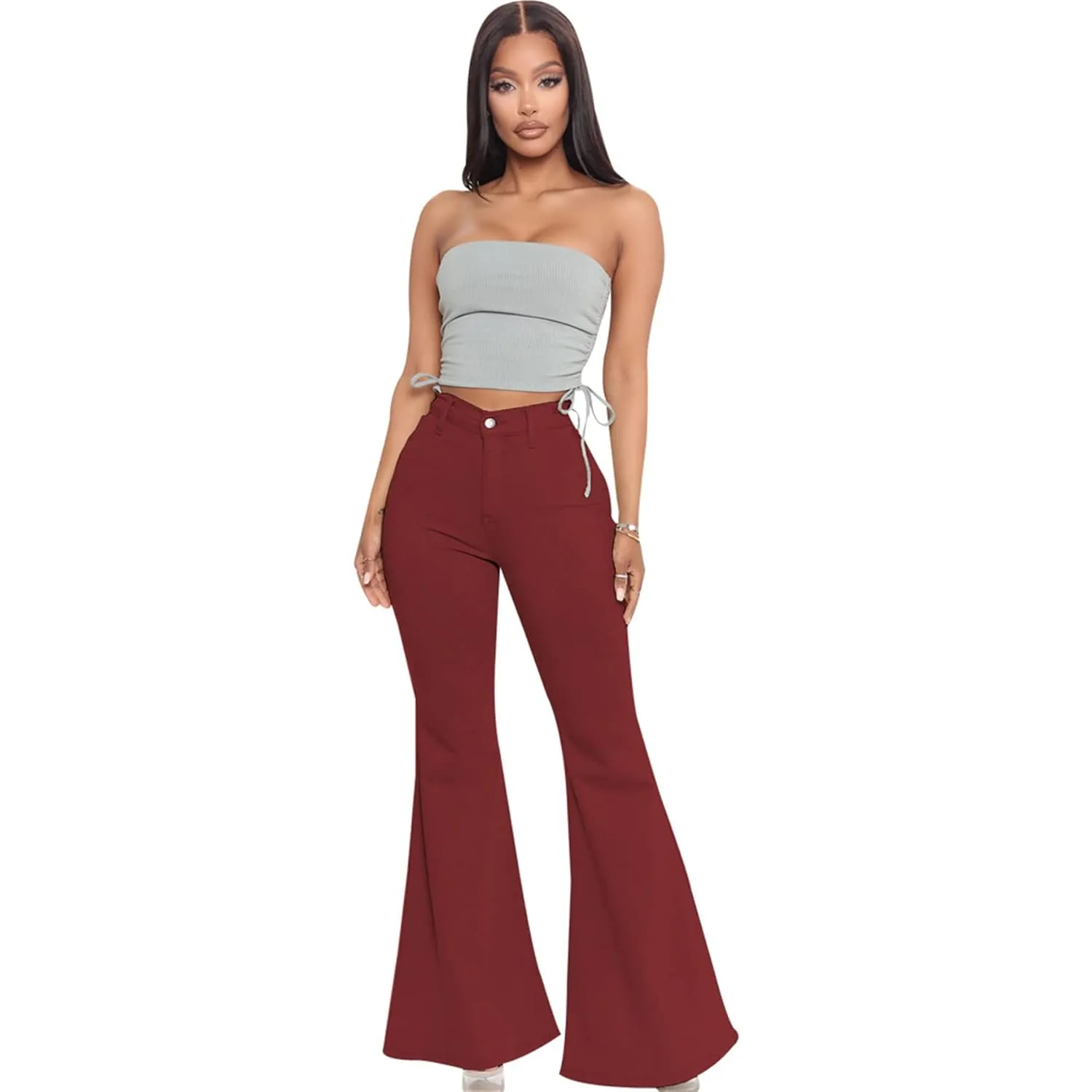 Women's Casual High Waisted Flare Leg Jeans Raw Hem Bell Bottom Denim Pants Classic Stretch Wide Leg Flared Jeans (Medium,Claret)
