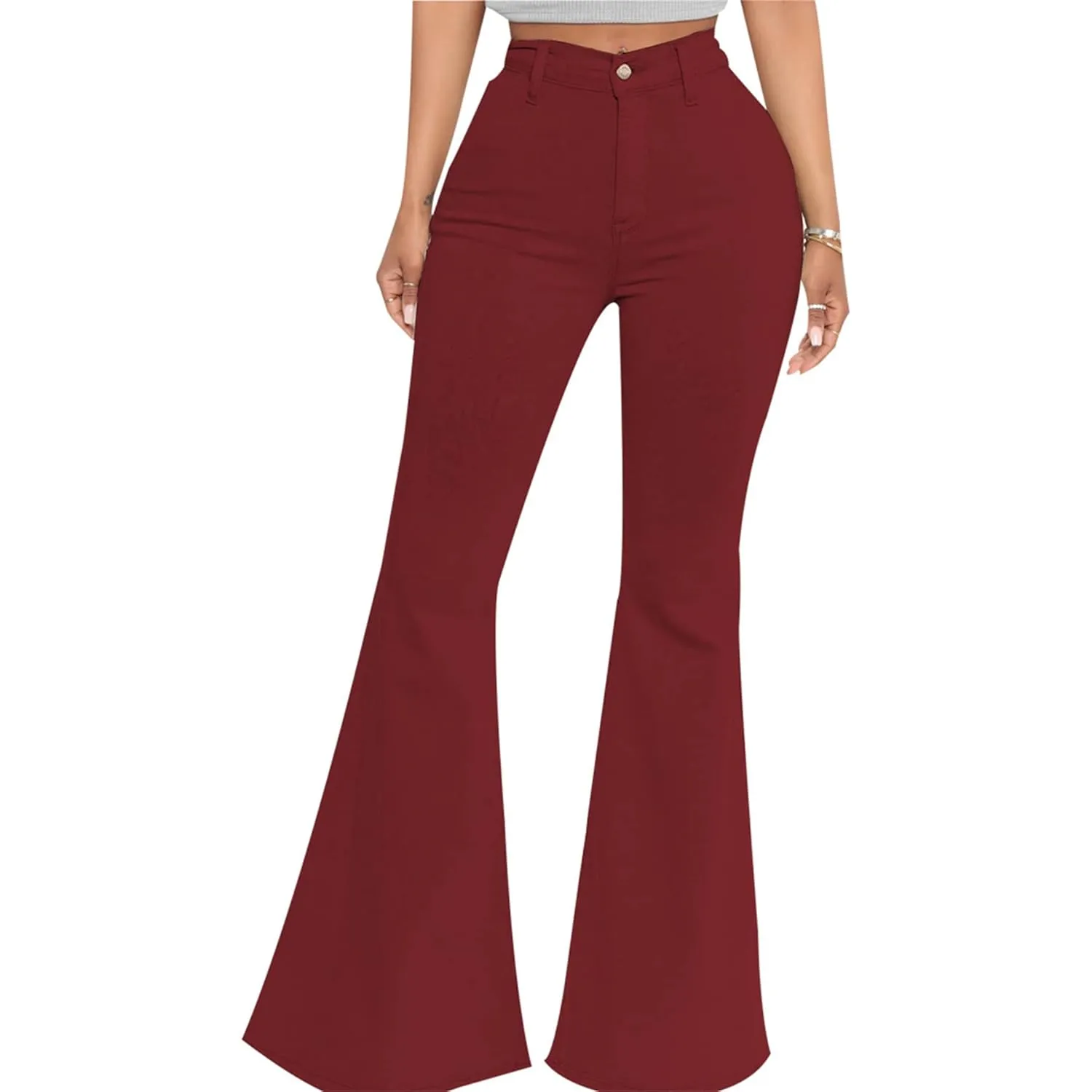 Women's Casual High Waisted Flare Leg Jeans Raw Hem Bell Bottom Denim Pants Classic Stretch Wide Leg Flared Jeans (Medium,Claret)