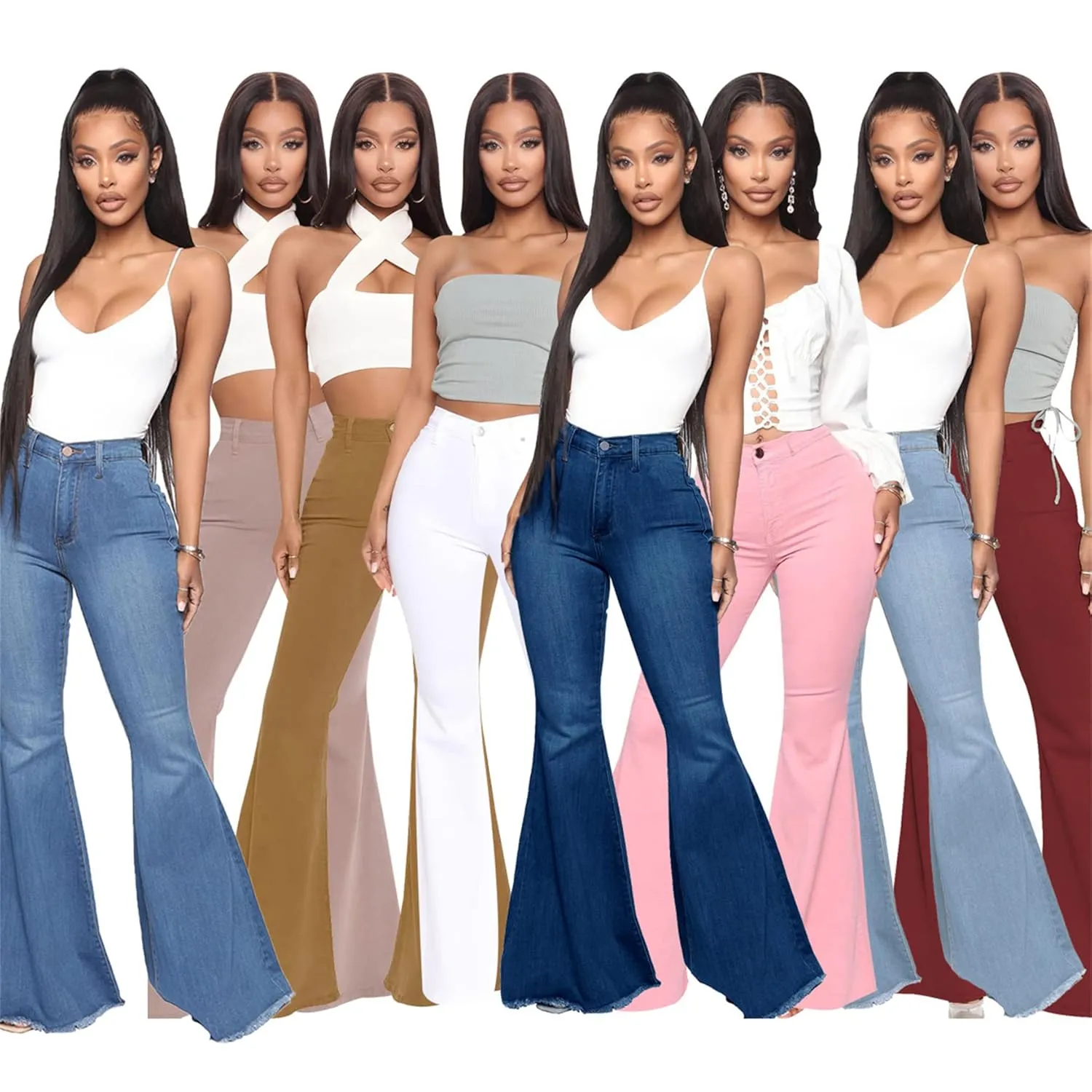 Women's Casual High Waisted Flare Leg Jeans Raw Hem Bell Bottom Denim Pants Classic Stretch Wide Leg Flared Jeans (Medium,Claret)