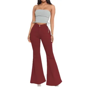 Women's Casual High Waisted Flare Leg Jeans Raw Hem Bell Bottom Denim Pants Classic Stretch Wide Leg Flared Jeans (Medium,Claret)