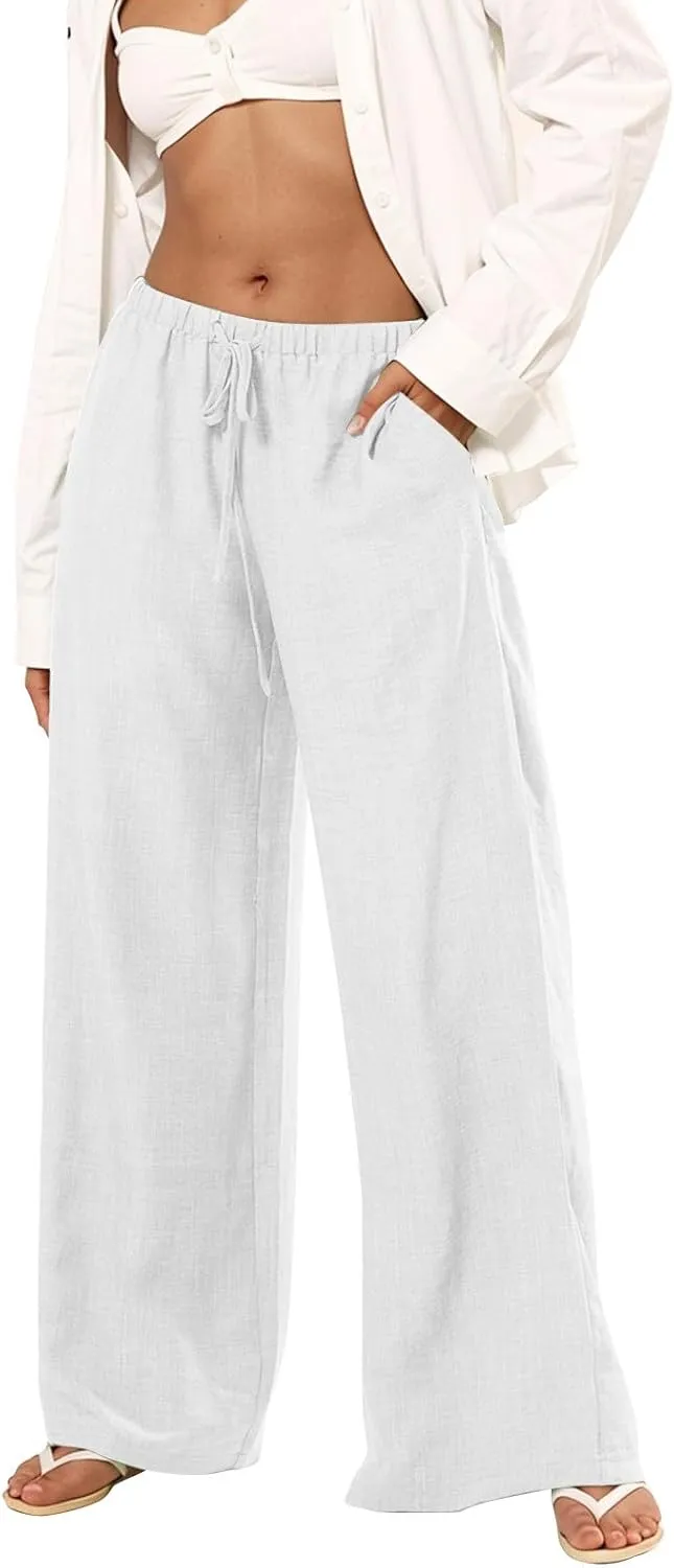 Women's Casual Loose Fit Wide Leg Lightweight Summer Beach Trousers Pants with Elastic Waist