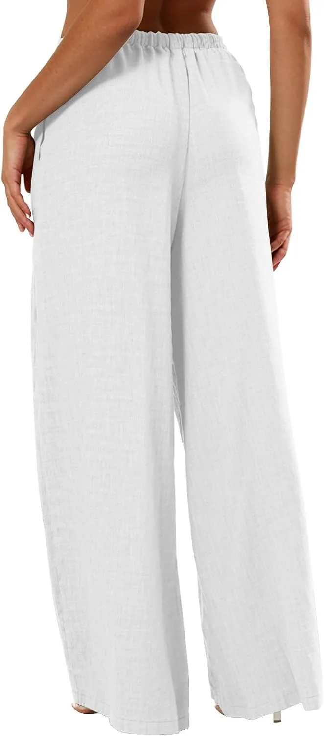 Women's Casual Loose Fit Wide Leg Lightweight Summer Beach Trousers Pants with Elastic Waist