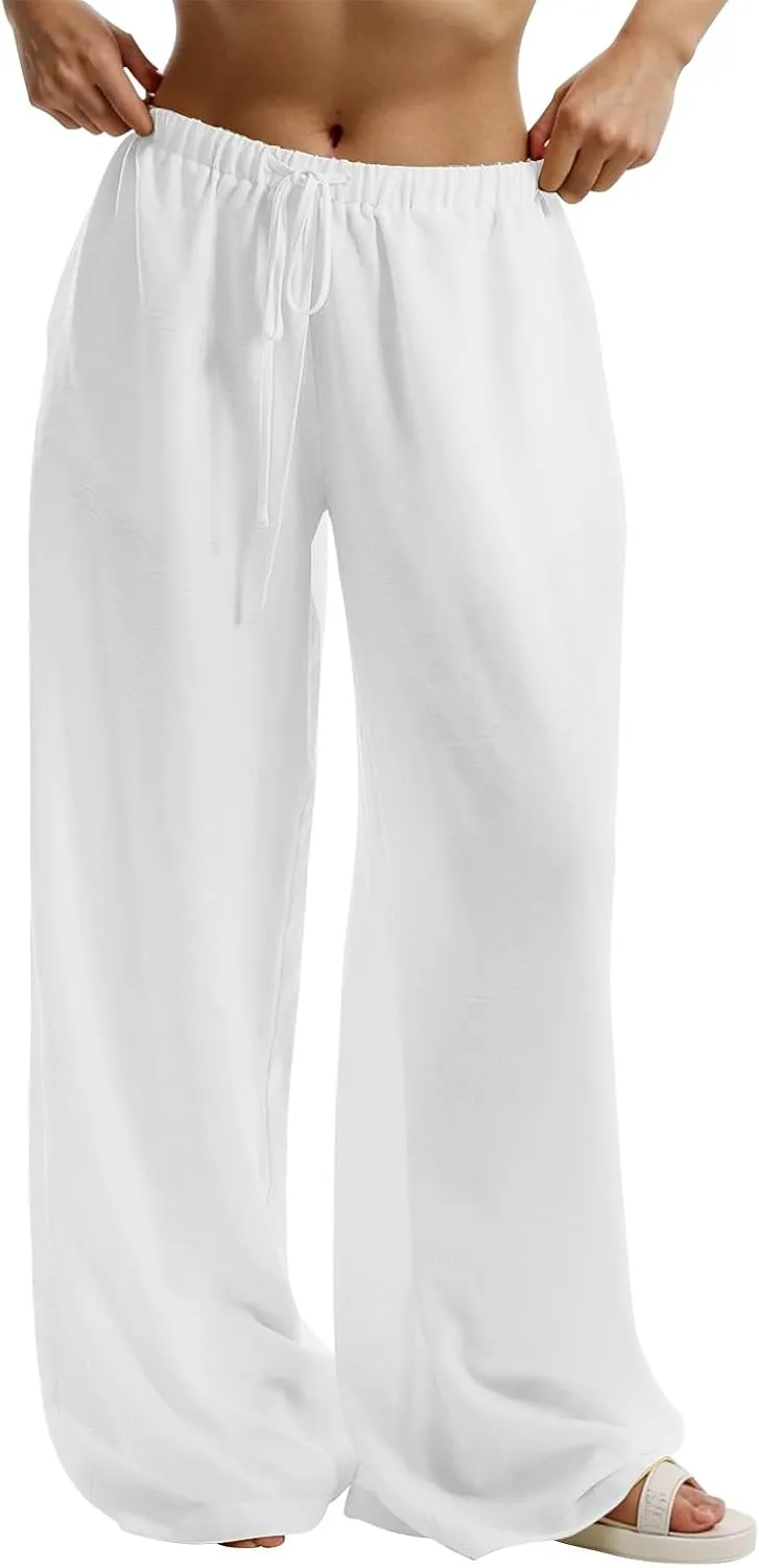 Women's Casual Loose Fit Wide Leg Lightweight Summer Beach Trousers Pants with Elastic Waist