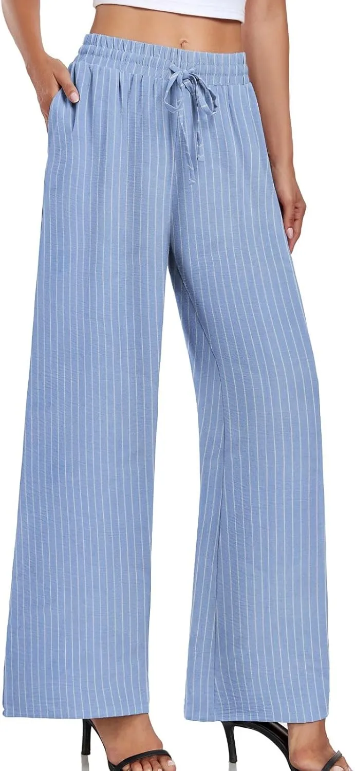 Women's Casual Pants Loose Fit Palazzo Pant Elastic Waist Drawstring Tie Knot Trousers with Pockets