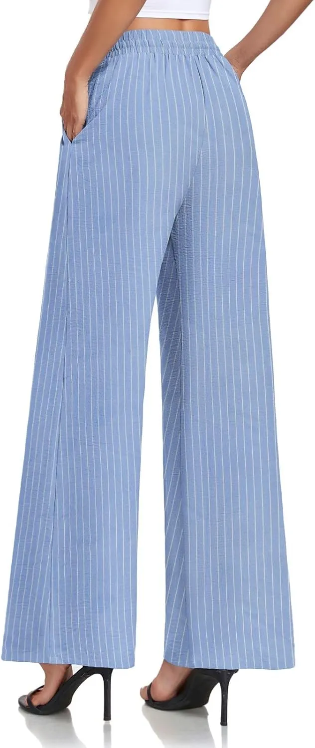 Women's Casual Pants Loose Fit Palazzo Pant Elastic Waist Drawstring Tie Knot Trousers with Pockets