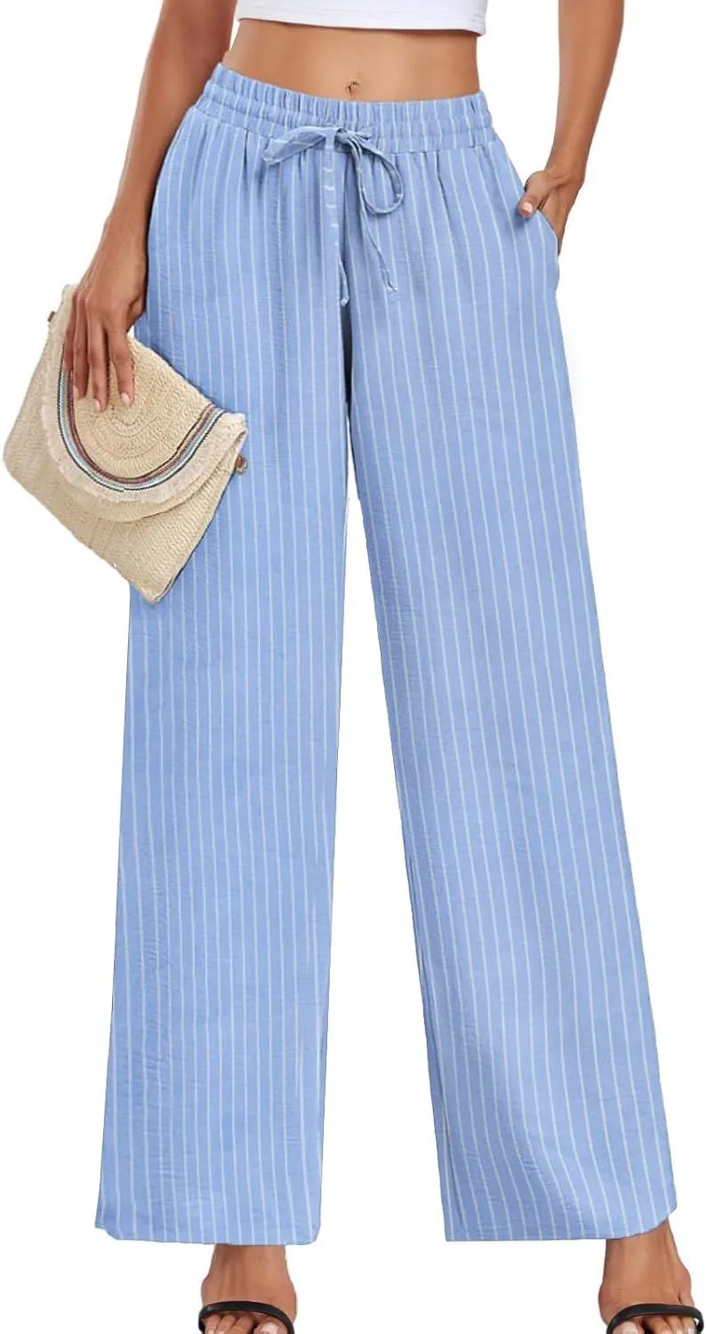 Women's Casual Pants Loose Fit Palazzo Pant Elastic Waist Drawstring Tie Knot Trousers with Pockets
