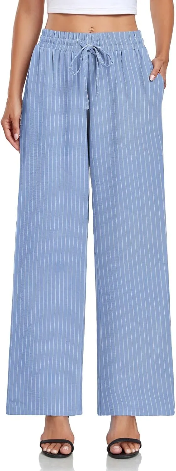 Women's Casual Pants Loose Fit Palazzo Pant Elastic Waist Drawstring Tie Knot Trousers with Pockets
