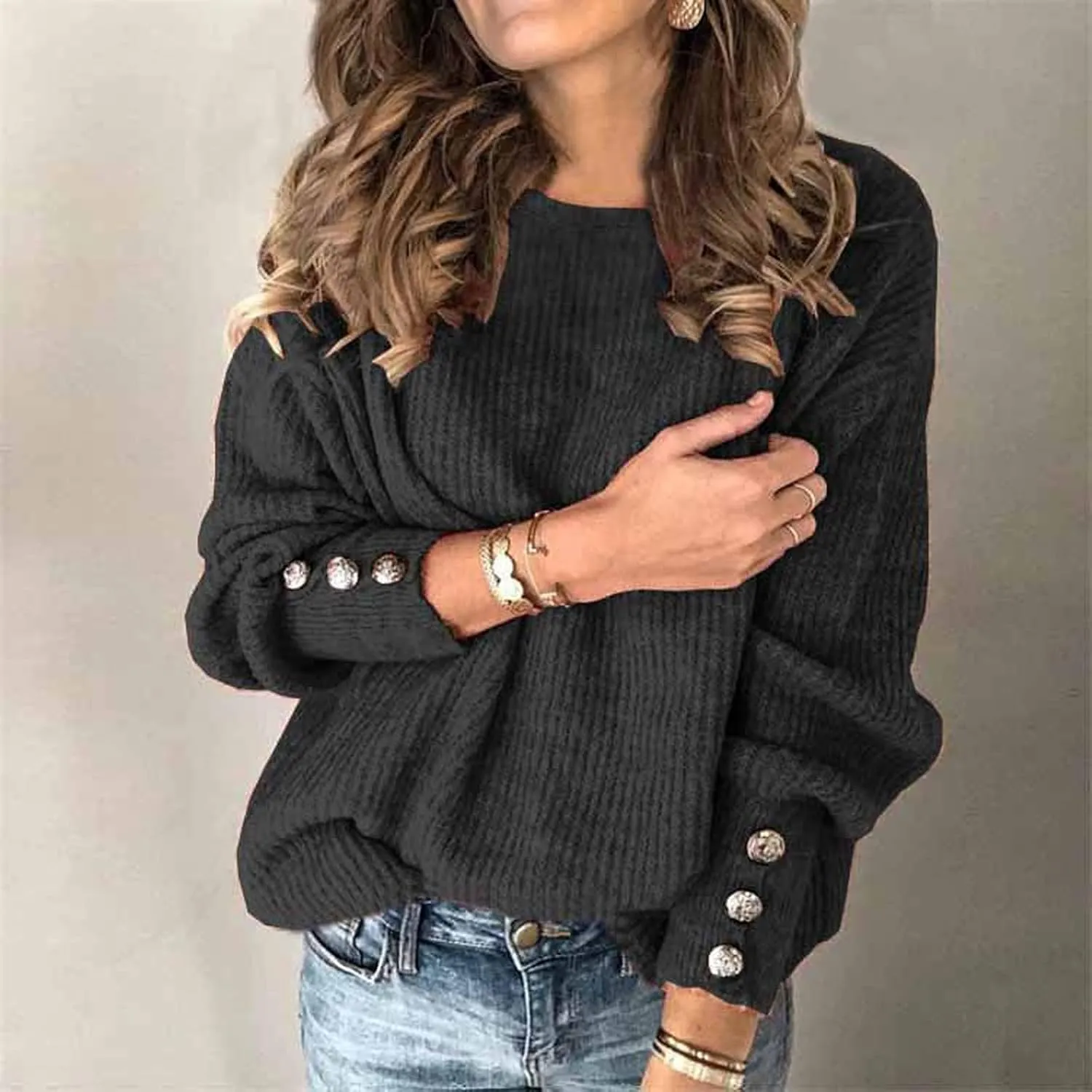 Women's Crewneck Sweater Solid Chunky Cable Knit Pullover Jumper Button Sleeve Tops Trendy Thermal Shirts Plus Size