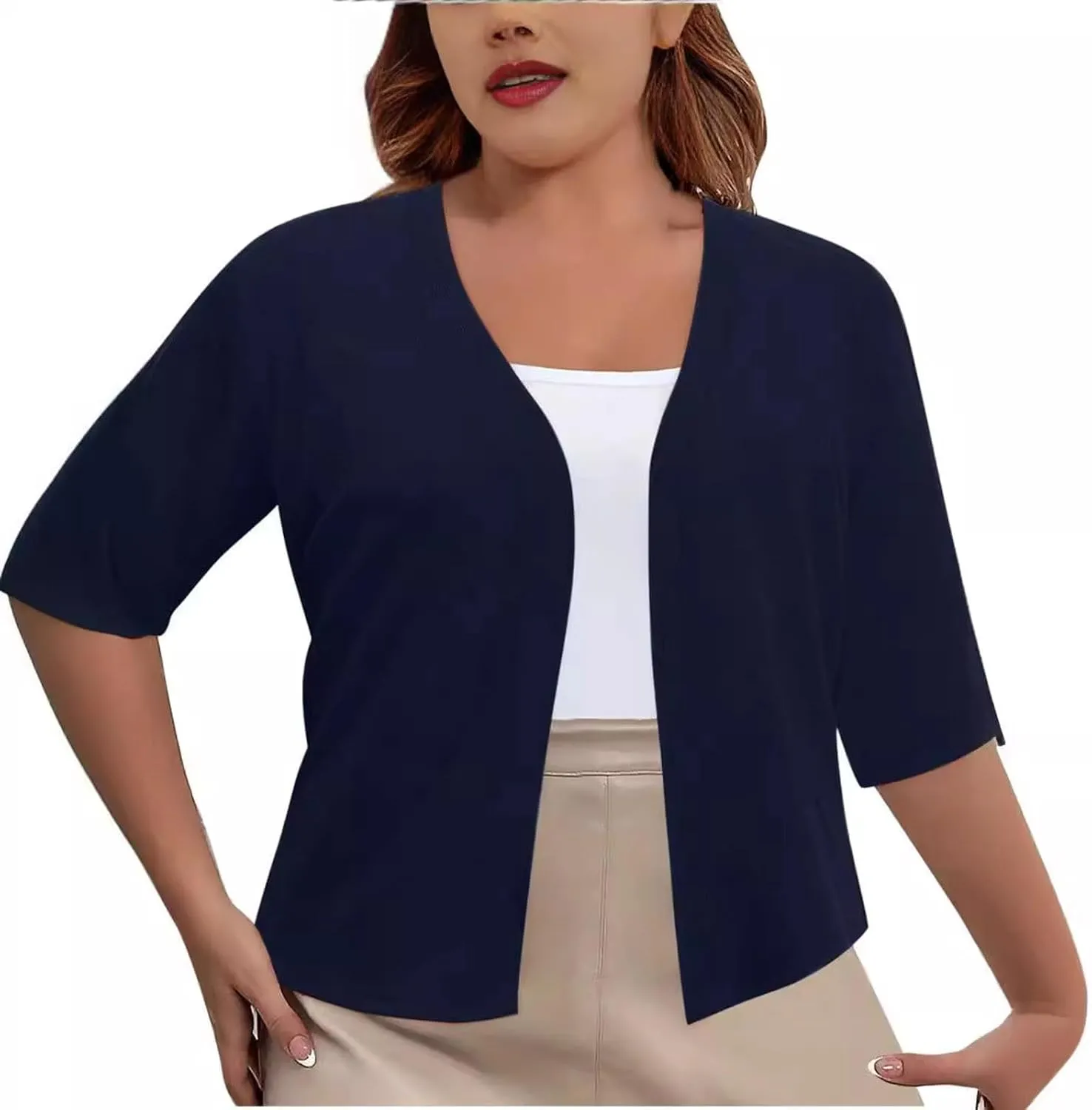 Women's Cropped Cardigans Lightweight Casual Half Sleeve Solid Color Plus Size Cardigan Open Front Trendy Blouse
