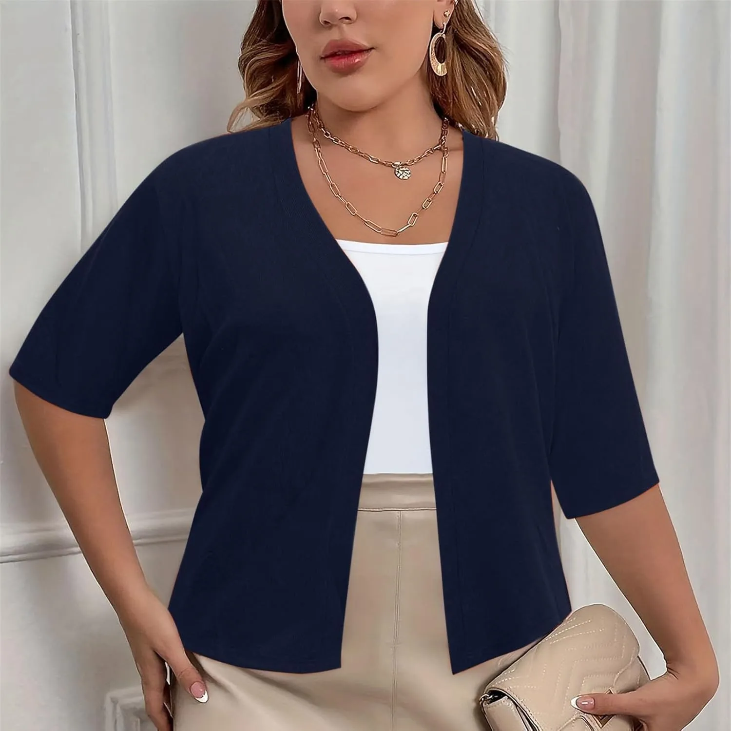 Women's Cropped Cardigans Lightweight Casual Half Sleeve Solid Color Plus Size Cardigan Open Front Trendy Blouse