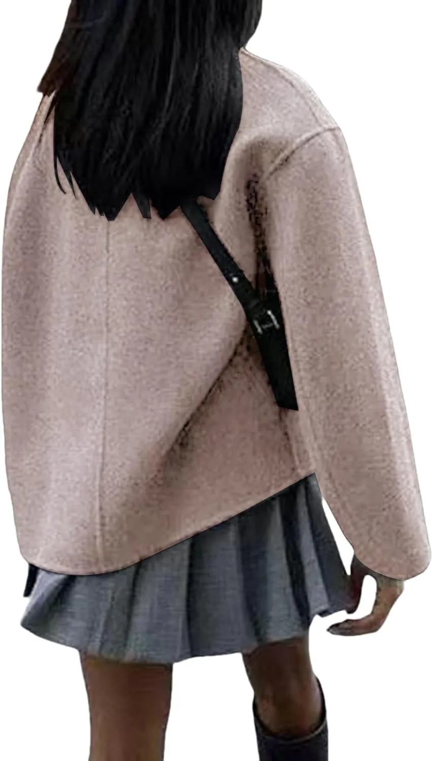 Womens Cropped Pea Coats Double Breasted Wool Blend Coat Casual Long Sleeve Jackets Winter Warm Outerwear