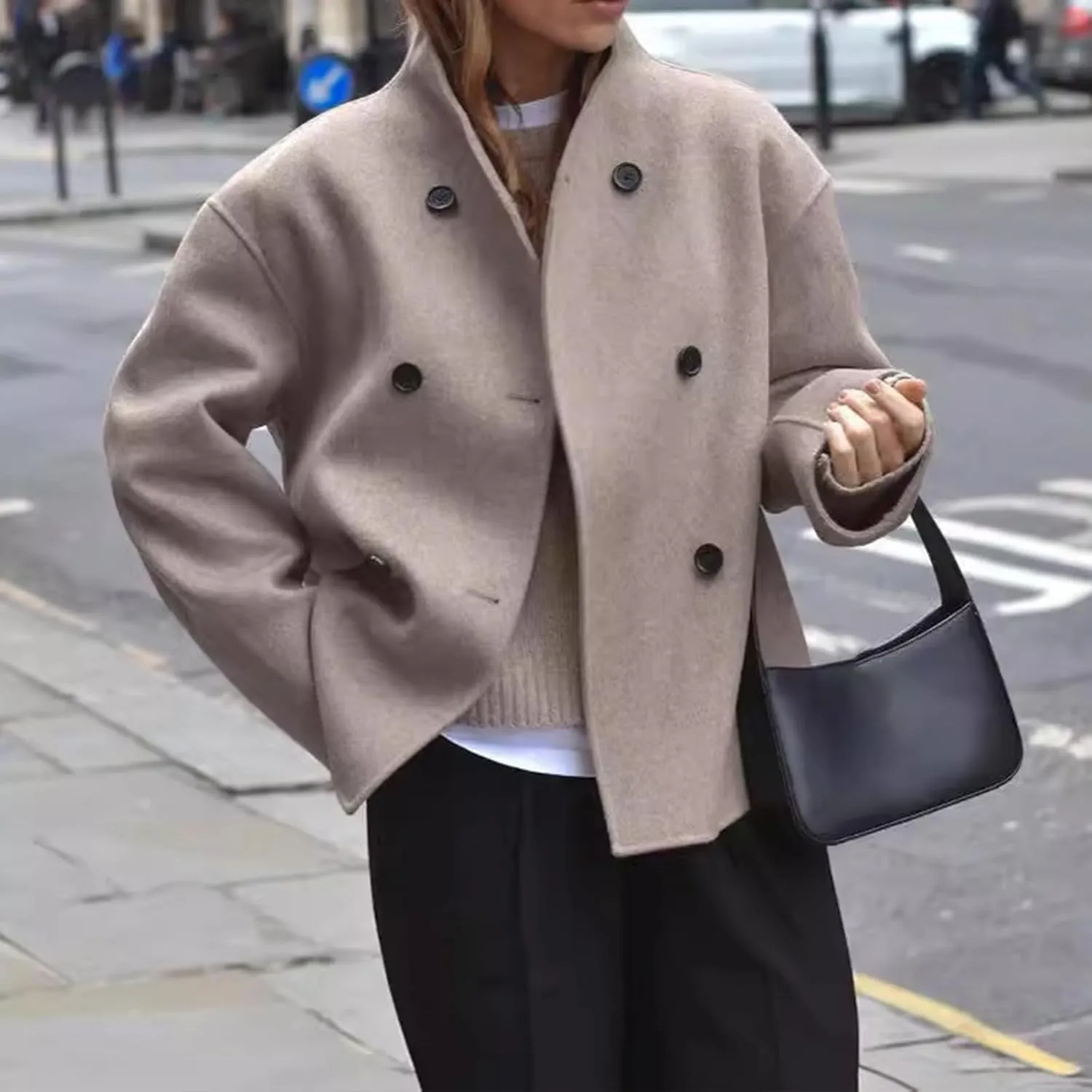 Womens Cropped Pea Coats Double Breasted Wool Blend Coat Casual Long Sleeve Jackets Winter Warm Outerwear