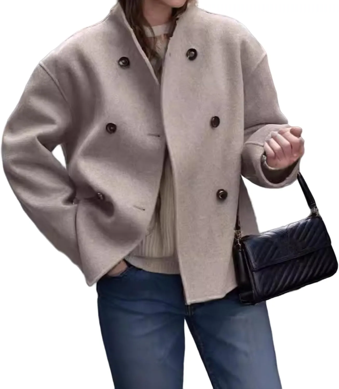 Womens Cropped Pea Coats Double Breasted Wool Blend Coat Casual Long Sleeve Jackets Winter Warm Outerwear