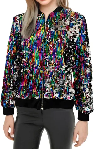 Women's Cropped Zip Up Bomber Jacket Sparkly Casual Crewneck Long Sleeve Coats Glitter Party Outwear Winter Clothes