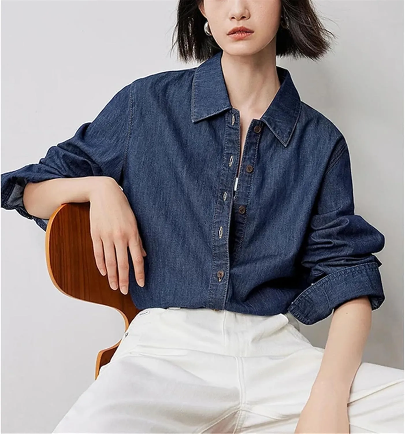 Womens Denim Blouse Shirt 2025 Spring Embroidery Cotton Lapel Collar High Street Long Sleeve Denim Tops