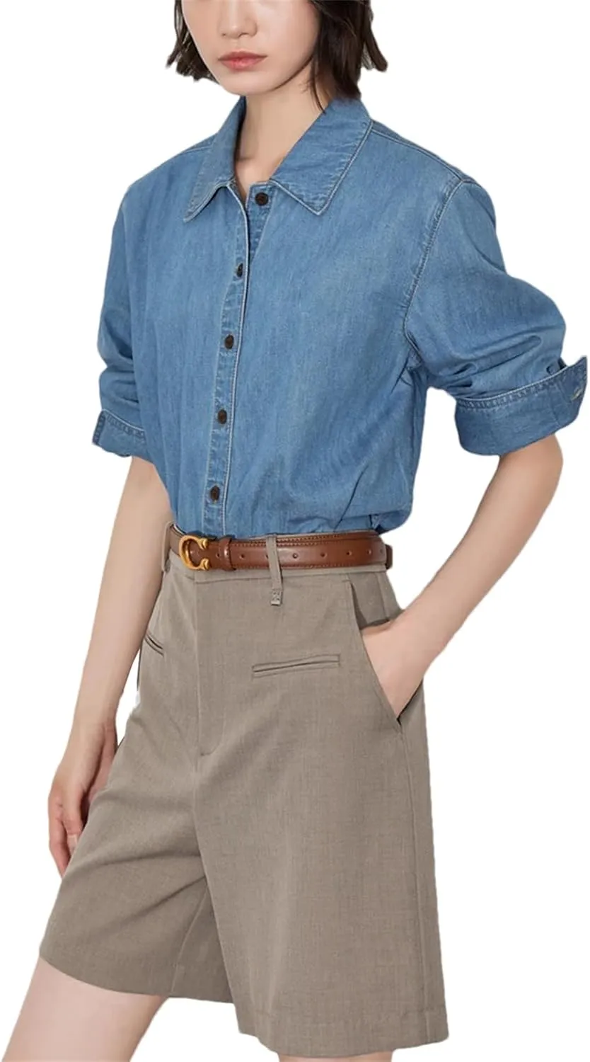 Womens Denim Blouse Shirt 2025 Spring Embroidery Cotton Lapel Collar High Street Long Sleeve Denim Tops