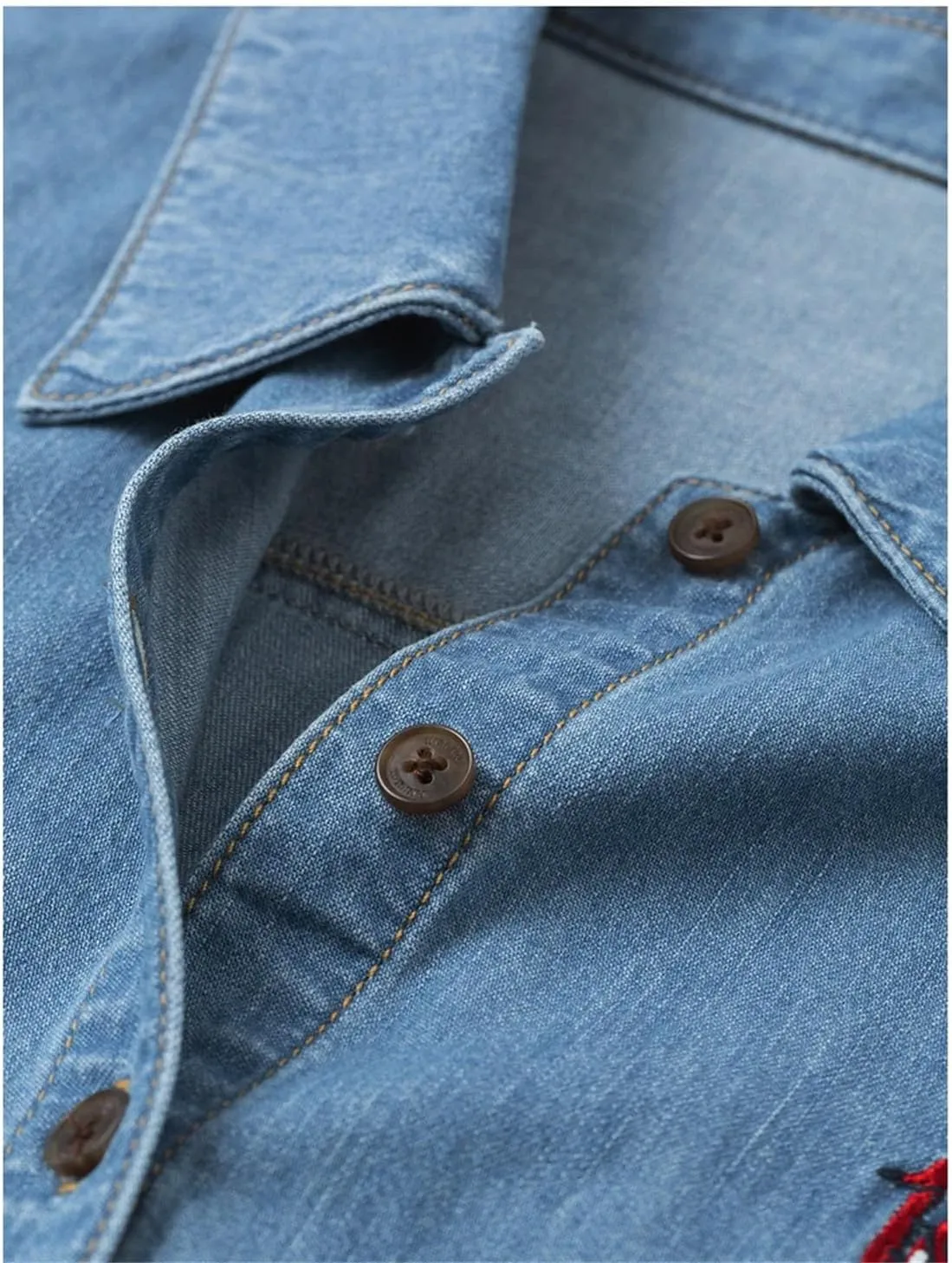 Womens Denim Blouse Shirt 2025 Spring Embroidery Cotton Lapel Collar High Street Long Sleeve Denim Tops