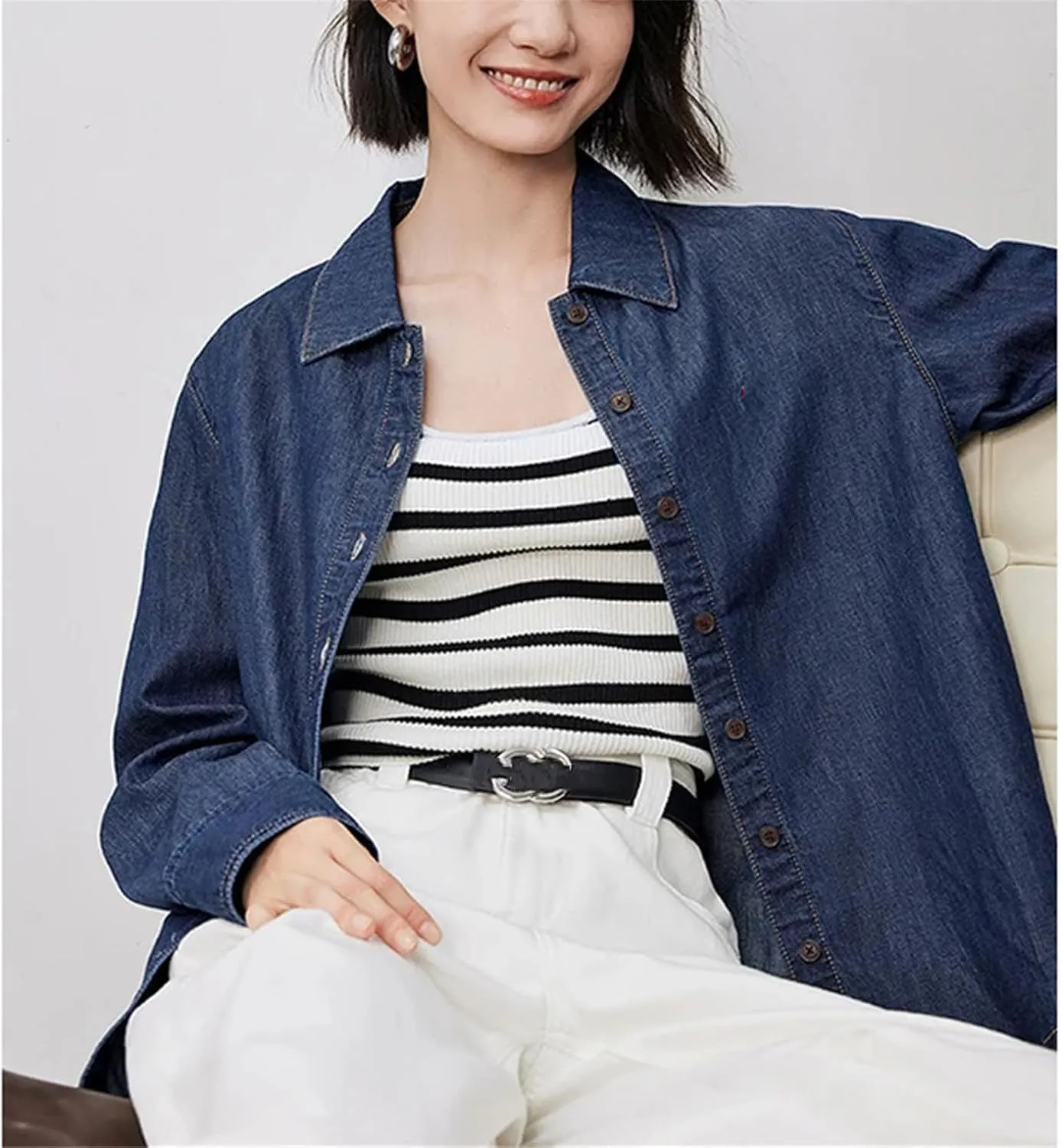 Womens Denim Blouse Shirt 2025 Spring Embroidery Cotton Lapel Collar High Street Long Sleeve Denim Tops
