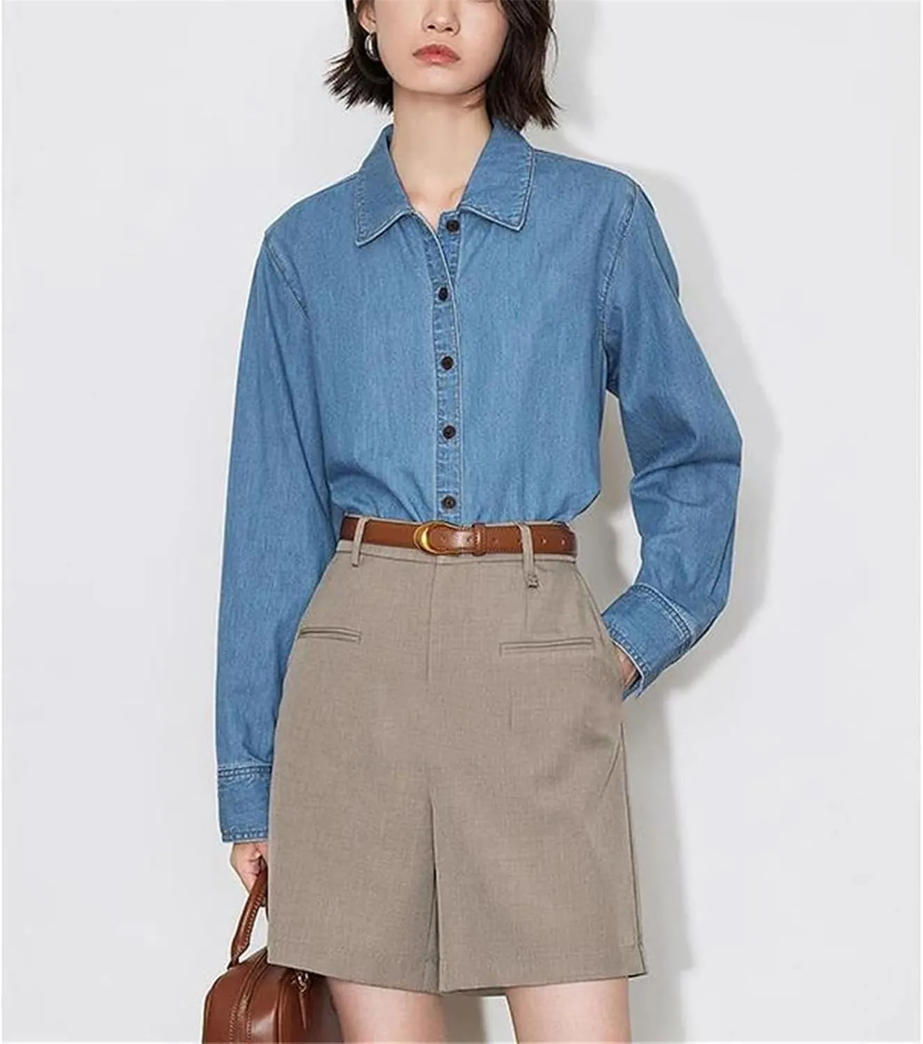 Womens Denim Blouse Shirt 2025 Spring Embroidery Cotton Lapel Collar High Street Long Sleeve Denim Tops