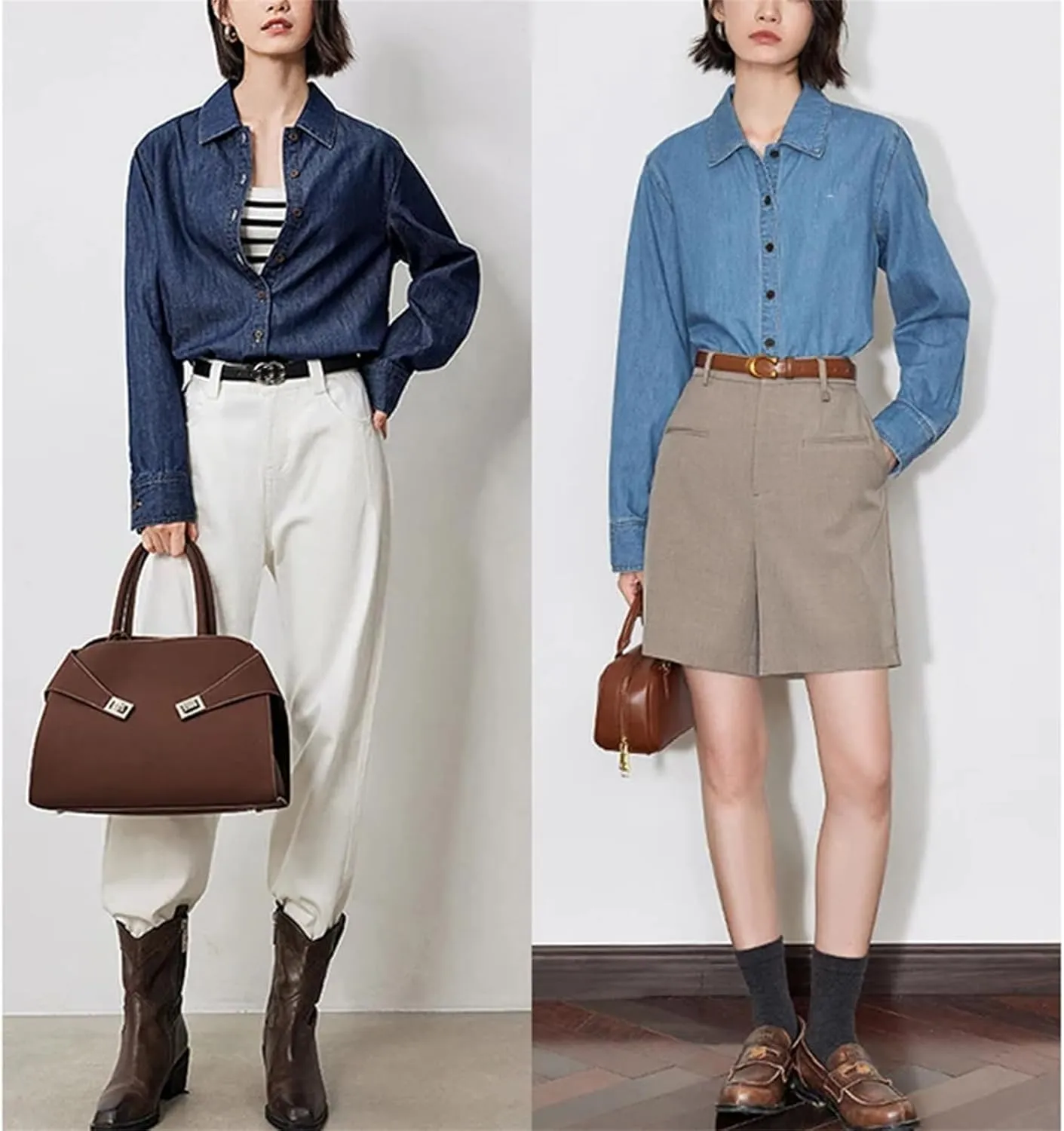Womens Denim Blouse Shirt 2025 Spring Embroidery Cotton Lapel Collar High Street Long Sleeve Denim Tops