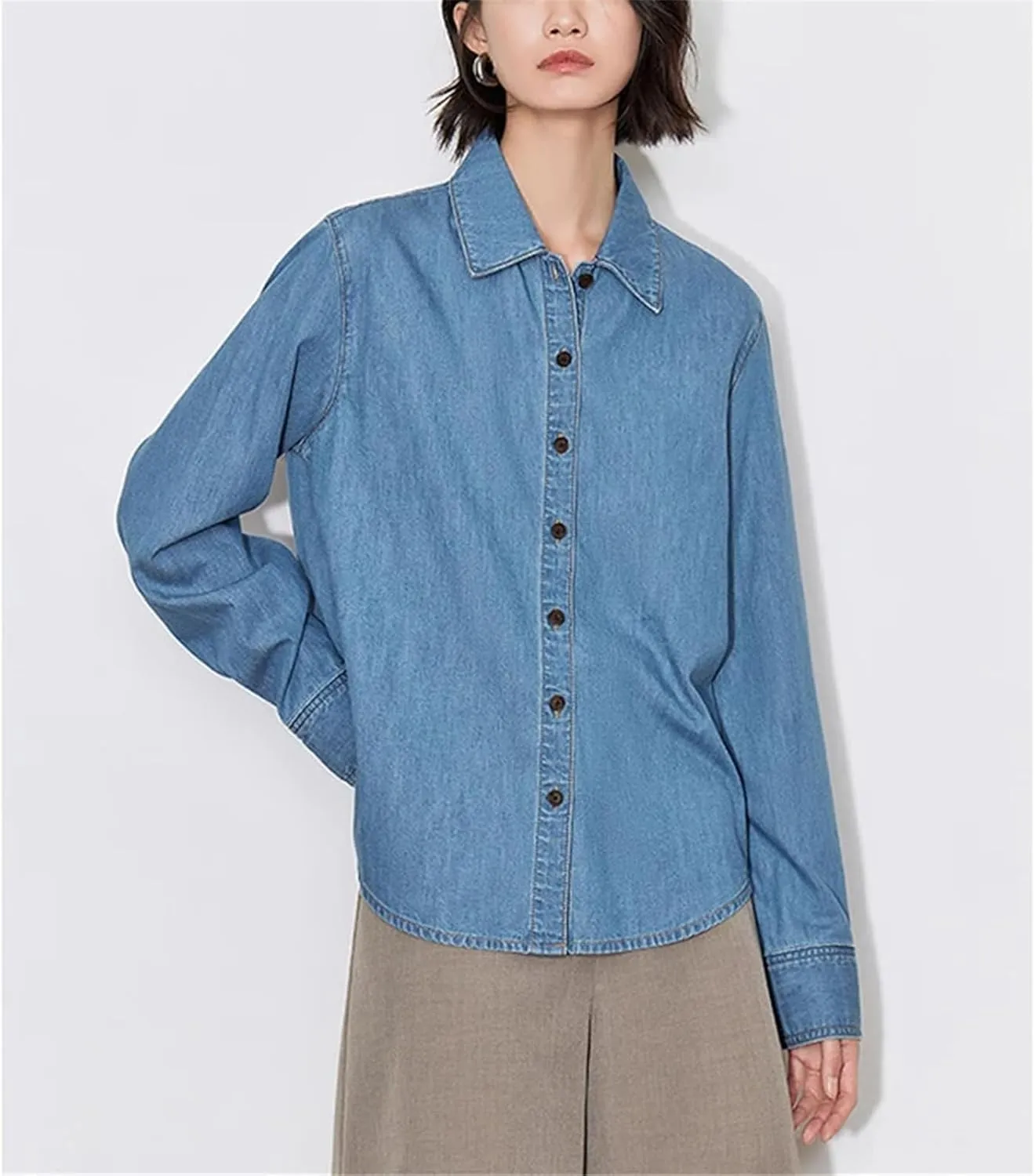 Womens Denim Blouse Shirt 2025 Spring Embroidery Cotton Lapel Collar High Street Long Sleeve Denim Tops