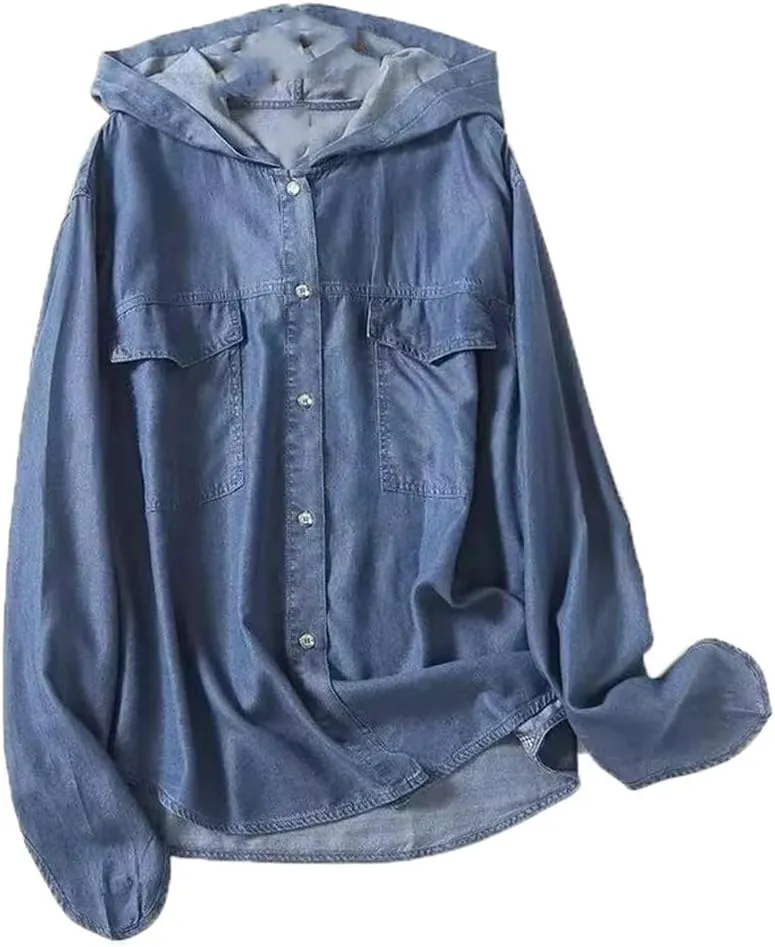 Women's Denim Shirts Luxury Blouses Girls Japanese Vintage Long Sleeve Hooded Denim Shirt Women Tops