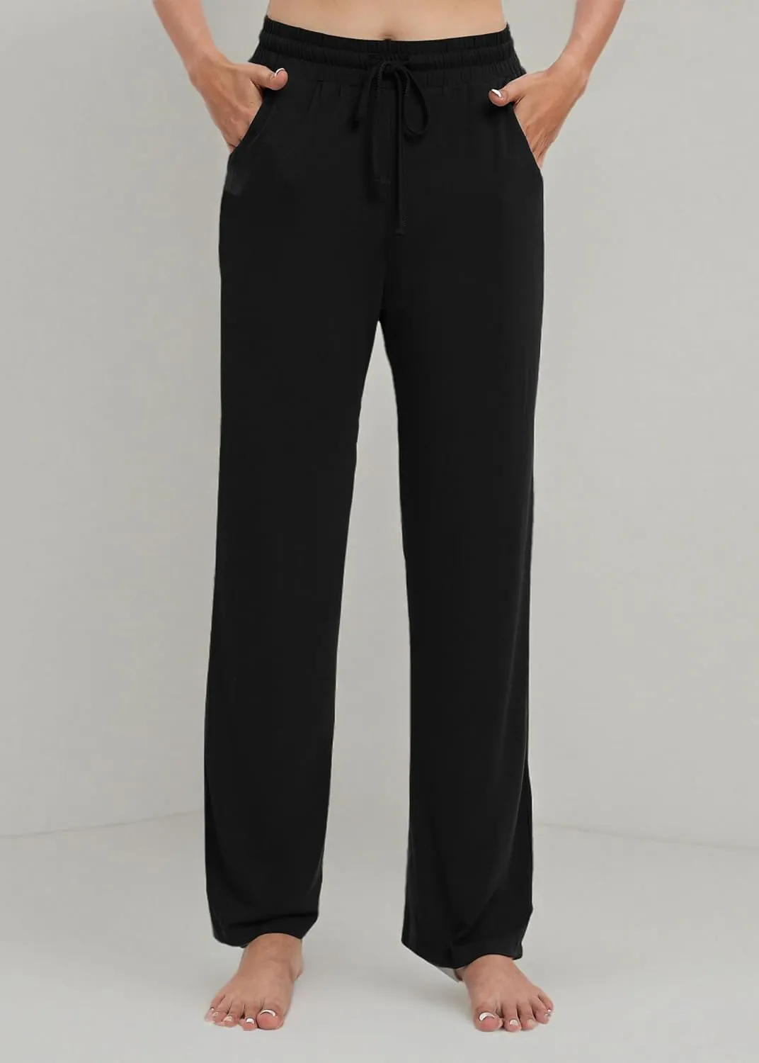 Women's Drawstring Casual Pants Stretchy High Waisted Loose Straight Leg Pants Jogger Trousers with Pockets
