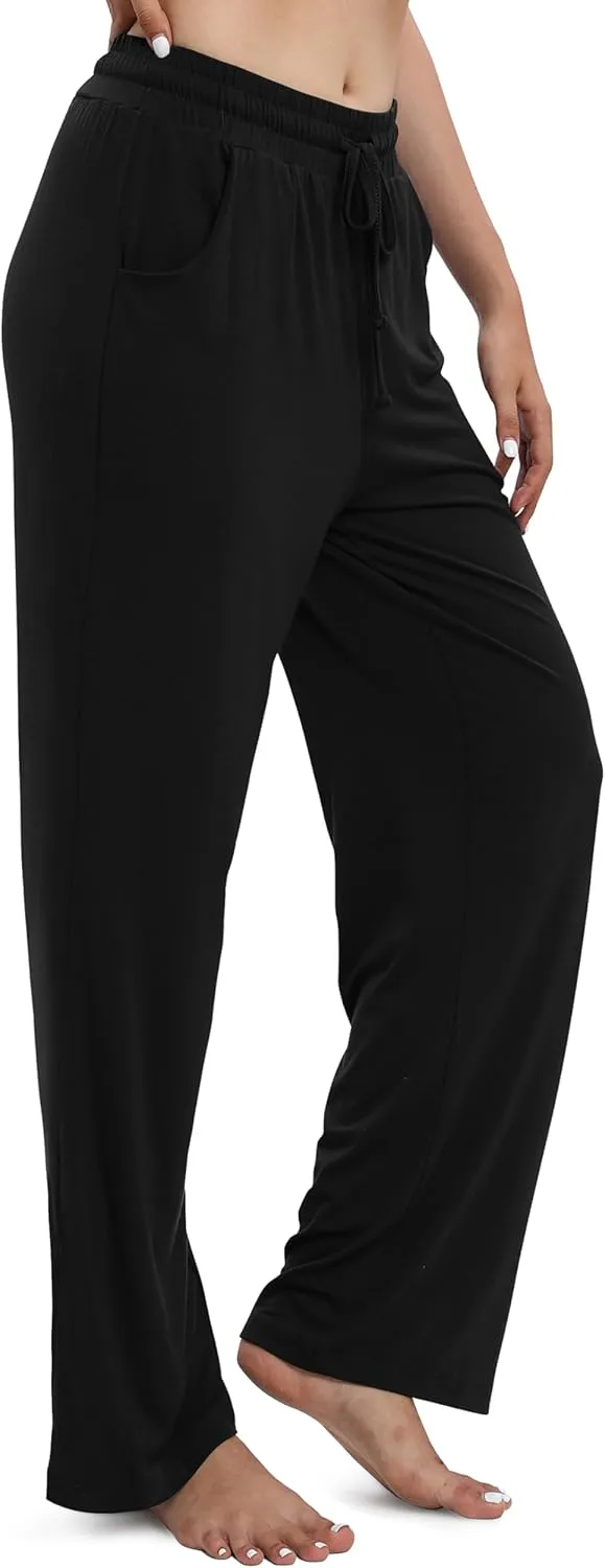 Women's Drawstring Casual Pants Stretchy High Waisted Loose Straight Leg Pants Jogger Trousers with Pockets