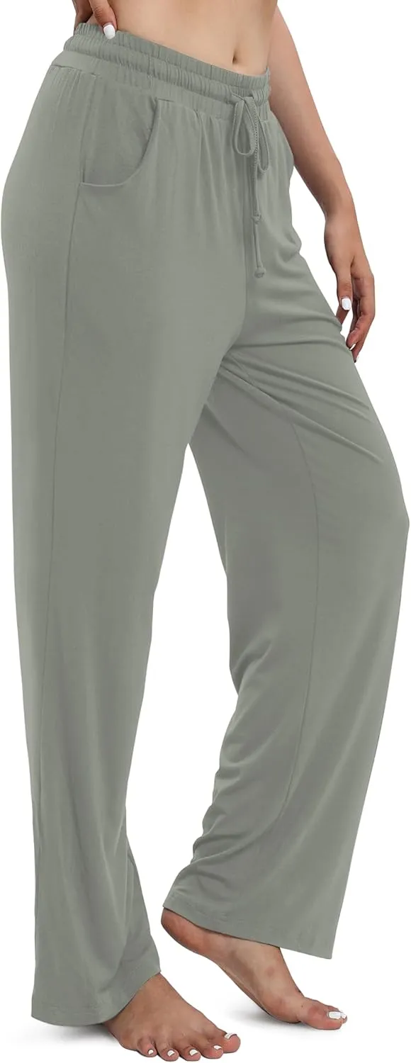 Women's Drawstring Casual Pants Stretchy High Waisted Loose Straight Leg Pants Jogger Trousers with Pockets