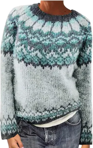 Womens Fair Isle Sweaters Vintage Long Sleeve Knitted Cashmere Tops Fall Winter Lightweight Warm Round Neck Sweater