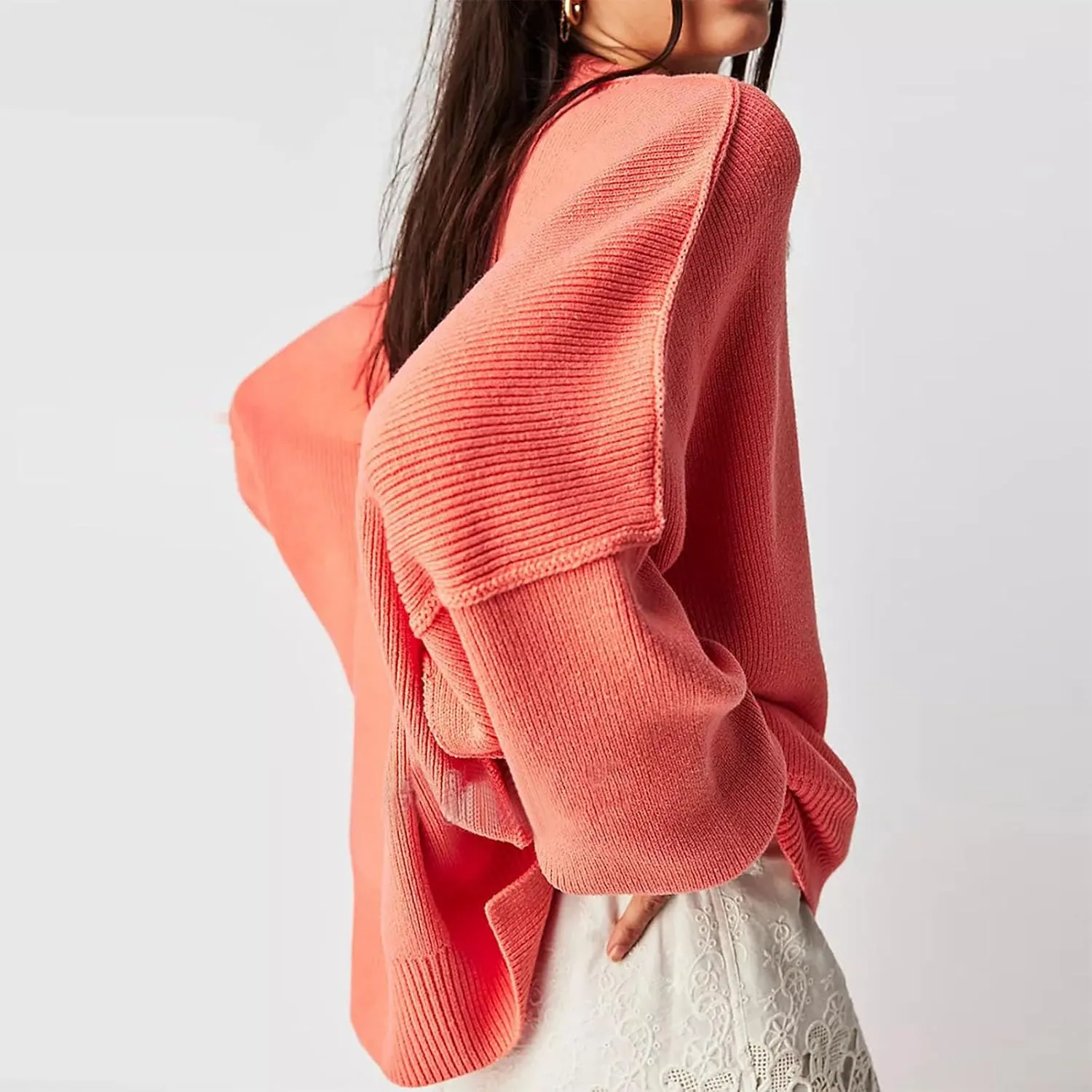 Womens Fall Fashion 2023 Crewneck Oversized Sweaters Batwing Long Sleeve Sweater Side Slit Ribbed Knit Pullover Tops