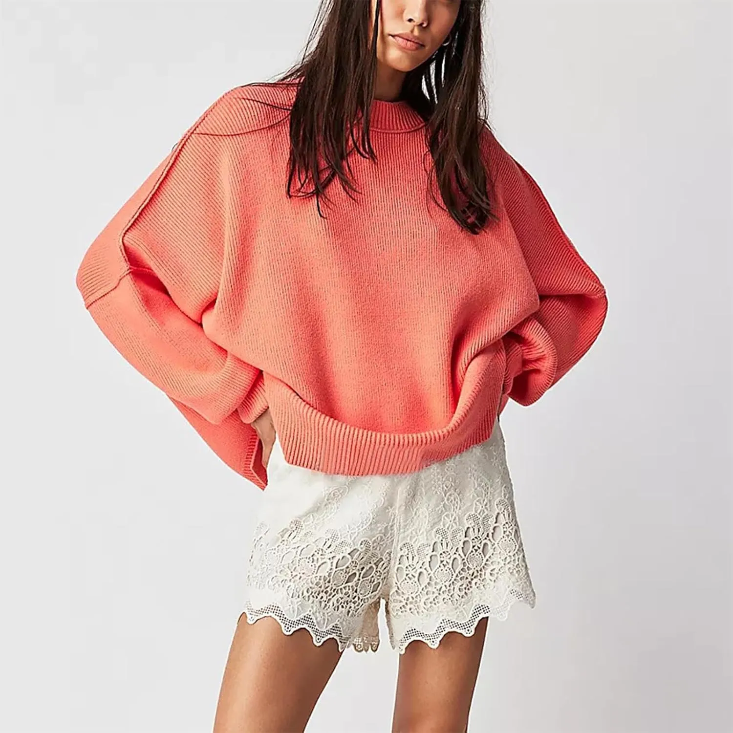 Womens Fall Fashion 2023 Crewneck Oversized Sweaters Batwing Long Sleeve Sweater Side Slit Ribbed Knit Pullover Tops