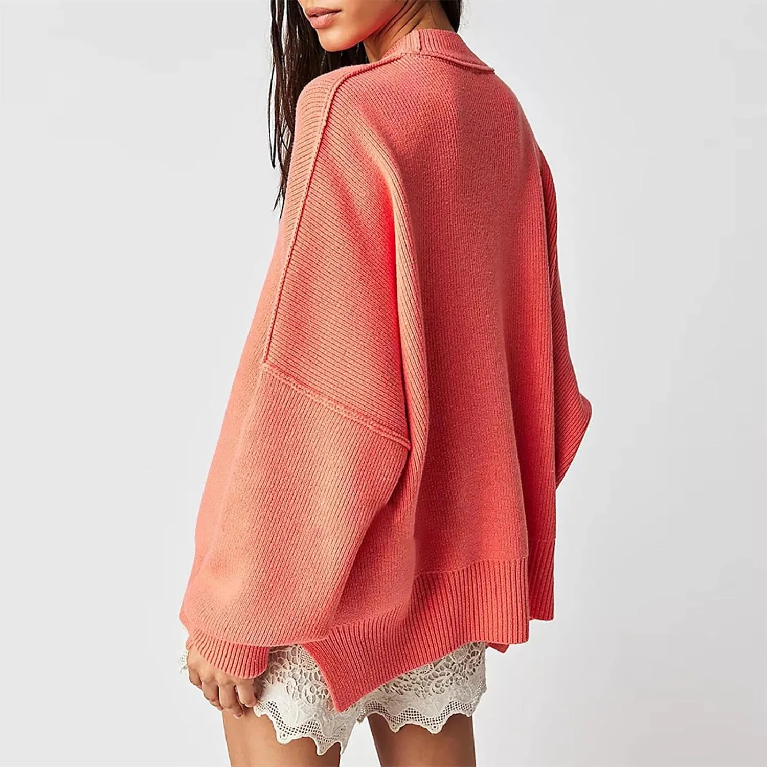 Womens Fall Fashion 2023 Crewneck Oversized Sweaters Batwing Long Sleeve Sweater Side Slit Ribbed Knit Pullover Tops