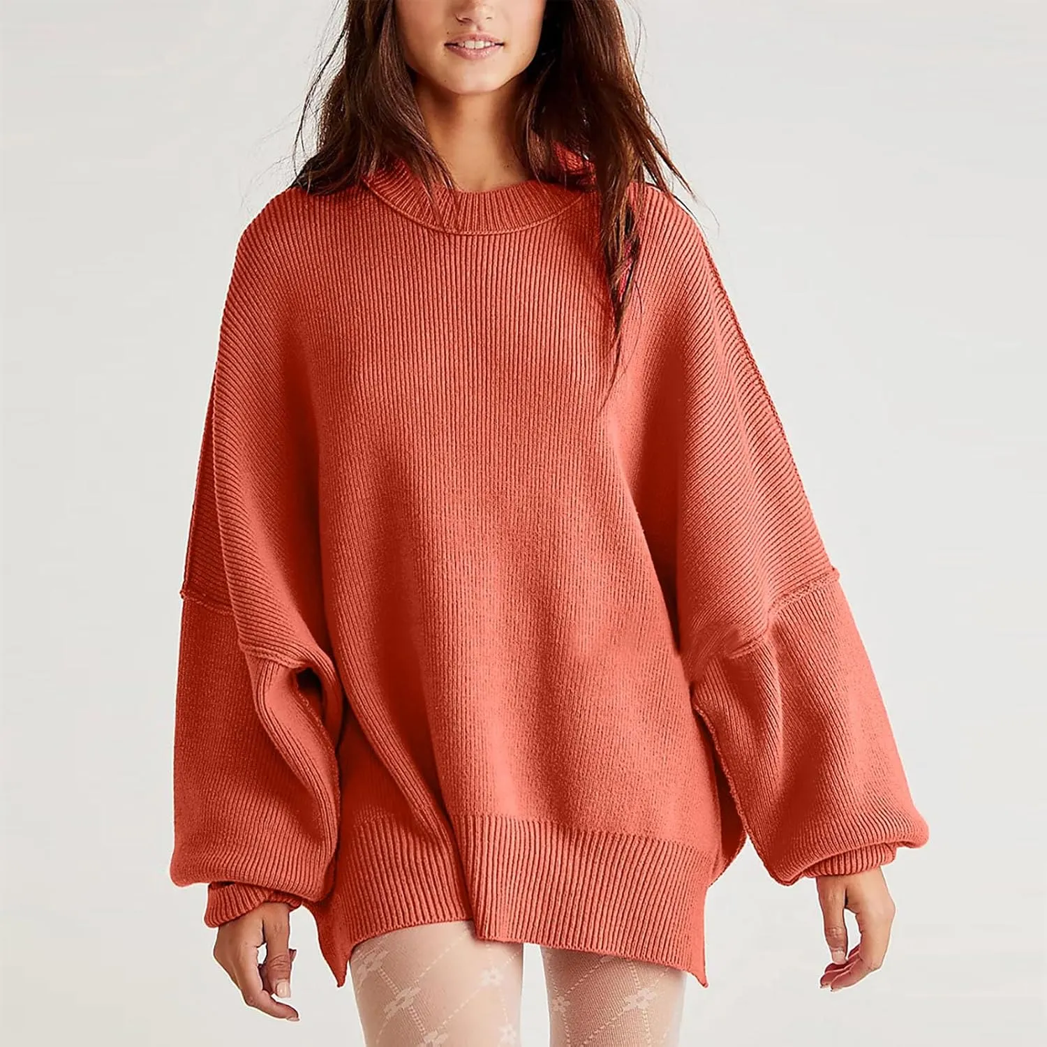 Womens Fall Fashion 2023 Crewneck Oversized Sweaters Batwing Long Sleeve Sweater Side Slit Ribbed Knit Pullover Tops