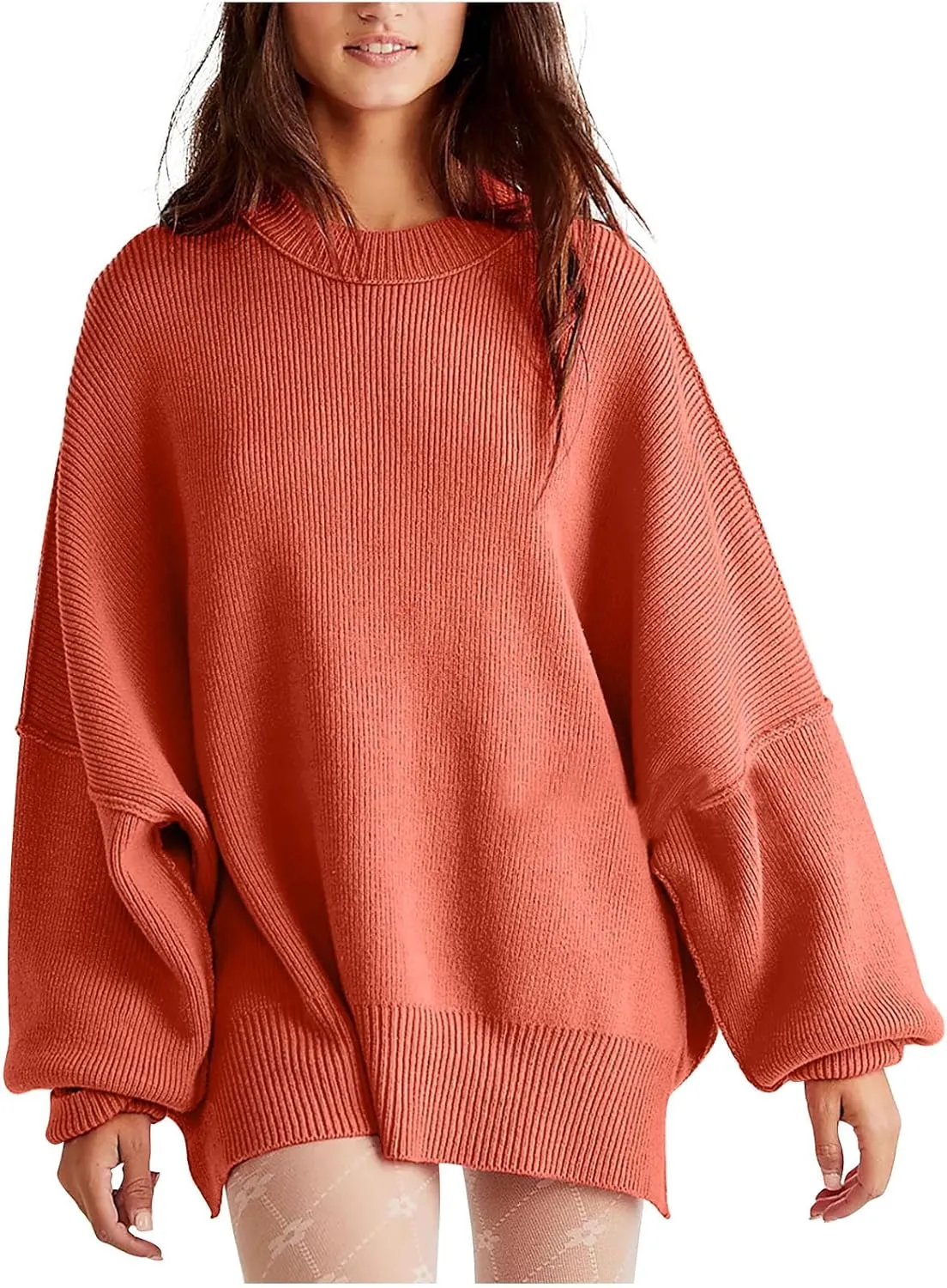 Womens Fall Fashion 2023 Crewneck Oversized Sweaters Batwing Long Sleeve Sweater Side Slit Ribbed Knit Pullover Tops