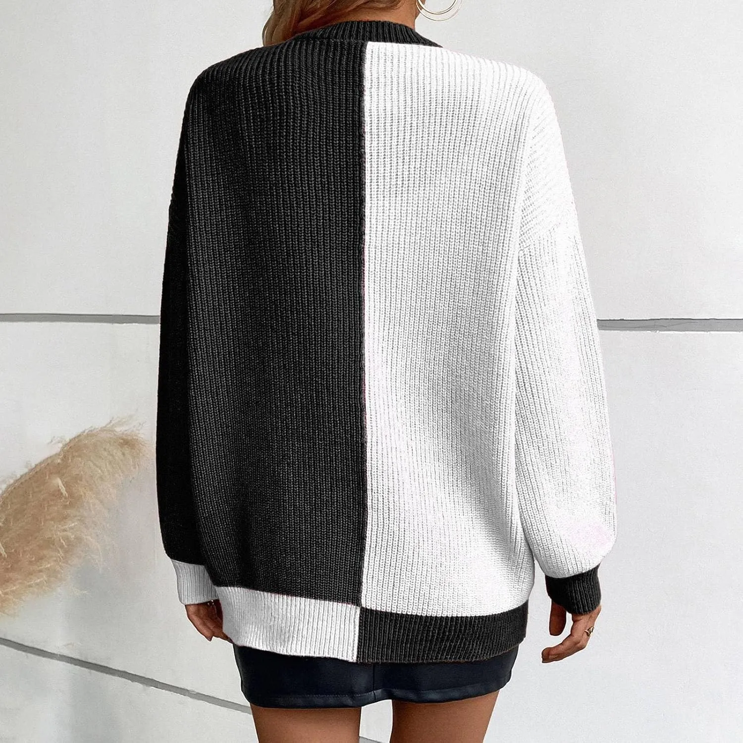 Women's Fall Open Front Cardigan Sweaters Long Sleeve Color Block Plus Size Loos Fit Cardigans Trendy Casual Outfits