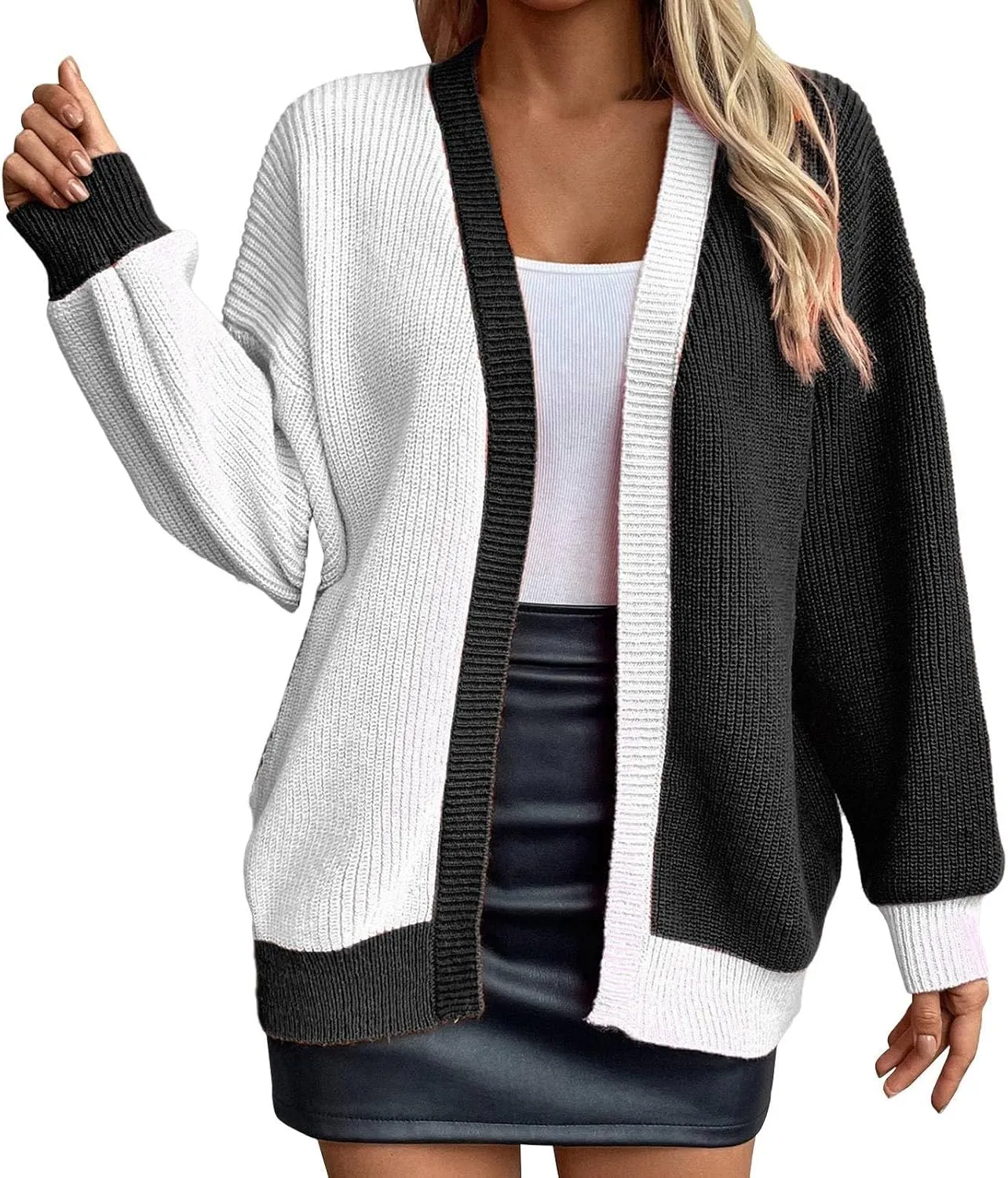Women's Fall Open Front Cardigan Sweaters Long Sleeve Color Block Plus Size Loos Fit Cardigans Trendy Casual Outfits
