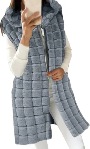 Womens Fall Reversible Puffer Vests Sleeveless Fleece Jacket Zip Up Hoodie Pockets Long Warm 2024 Winter Coat Outerwear