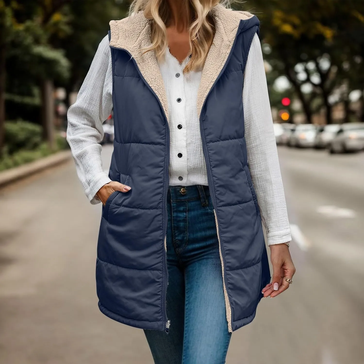 Womens Fall Reversible Puffer Vests Sleeveless Fleece Jacket Zip Up Hoodie Pockets Long Warm 2024 Winter Coat Outerwear