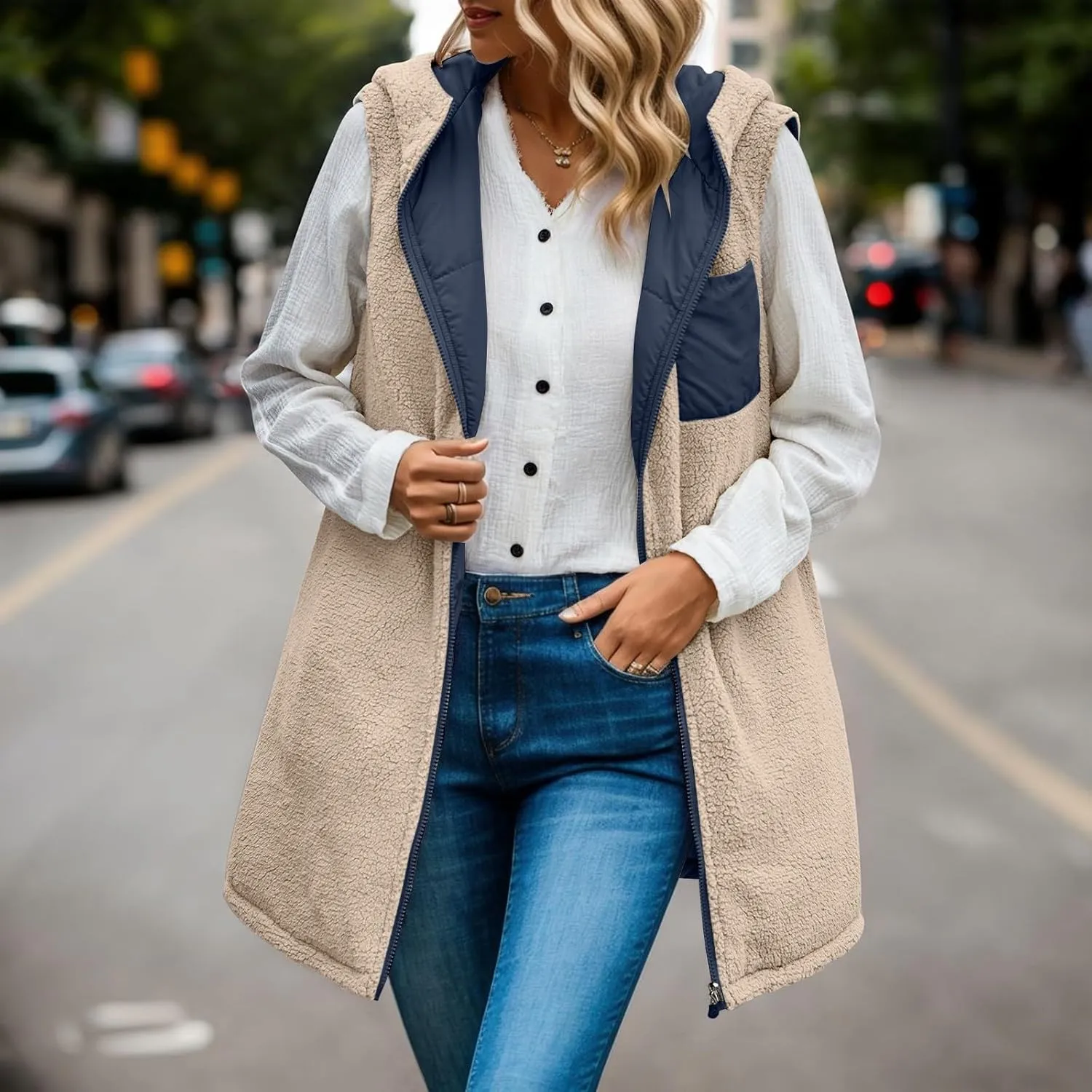 Womens Fall Reversible Puffer Vests Sleeveless Fleece Jacket Zip Up Hoodie Pockets Long Warm 2024 Winter Coat Outerwear