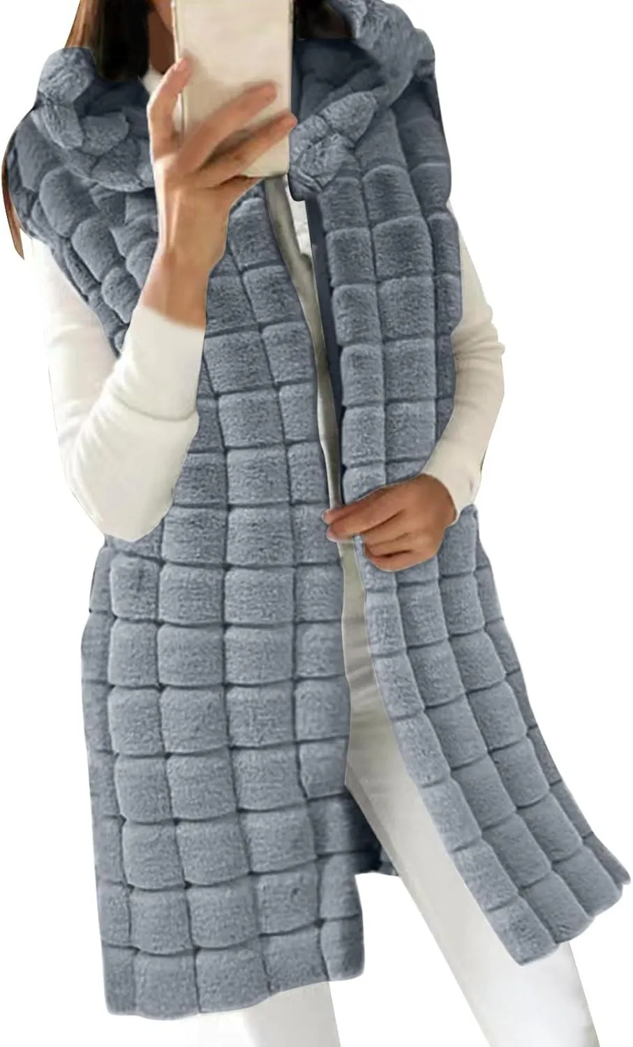 Womens Fall Reversible Puffer Vests Sleeveless Fleece Jacket Zip Up Hoodie Pockets Long Warm 2024 Winter Coat Outerwear